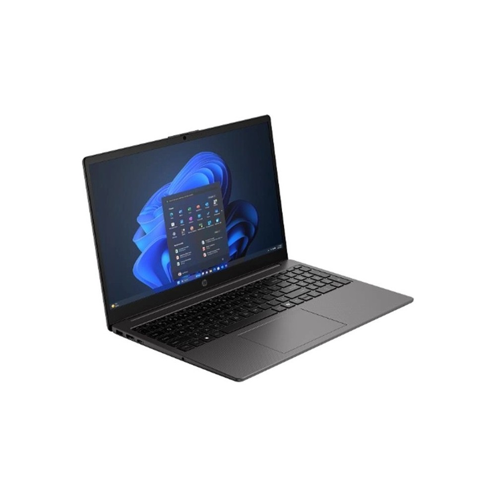 Ekranında mavi soyut duvar kağıdı gösteren koyu renkli, açık bir HP dizüstü bilgisayar.