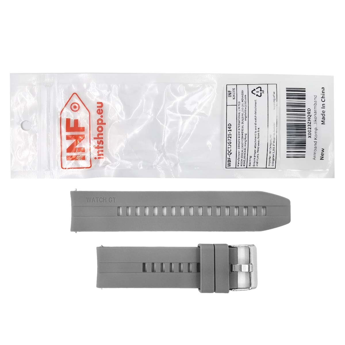 Graues Silikon-Uhrenarmband mit Dornschließe und Verpackung.