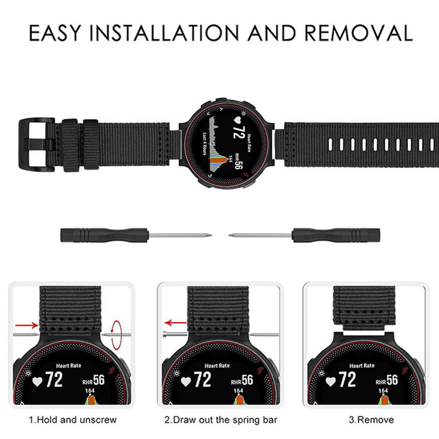 Cinturino nero per smartwatch mostrato con strumenti e istruzioni passo passo.