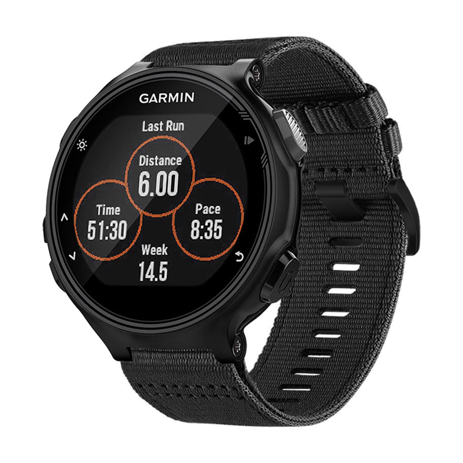 Orologio Garmin nero con cinturino in tessuto che mostra distanza, tempo, passo e statistiche settimanali.