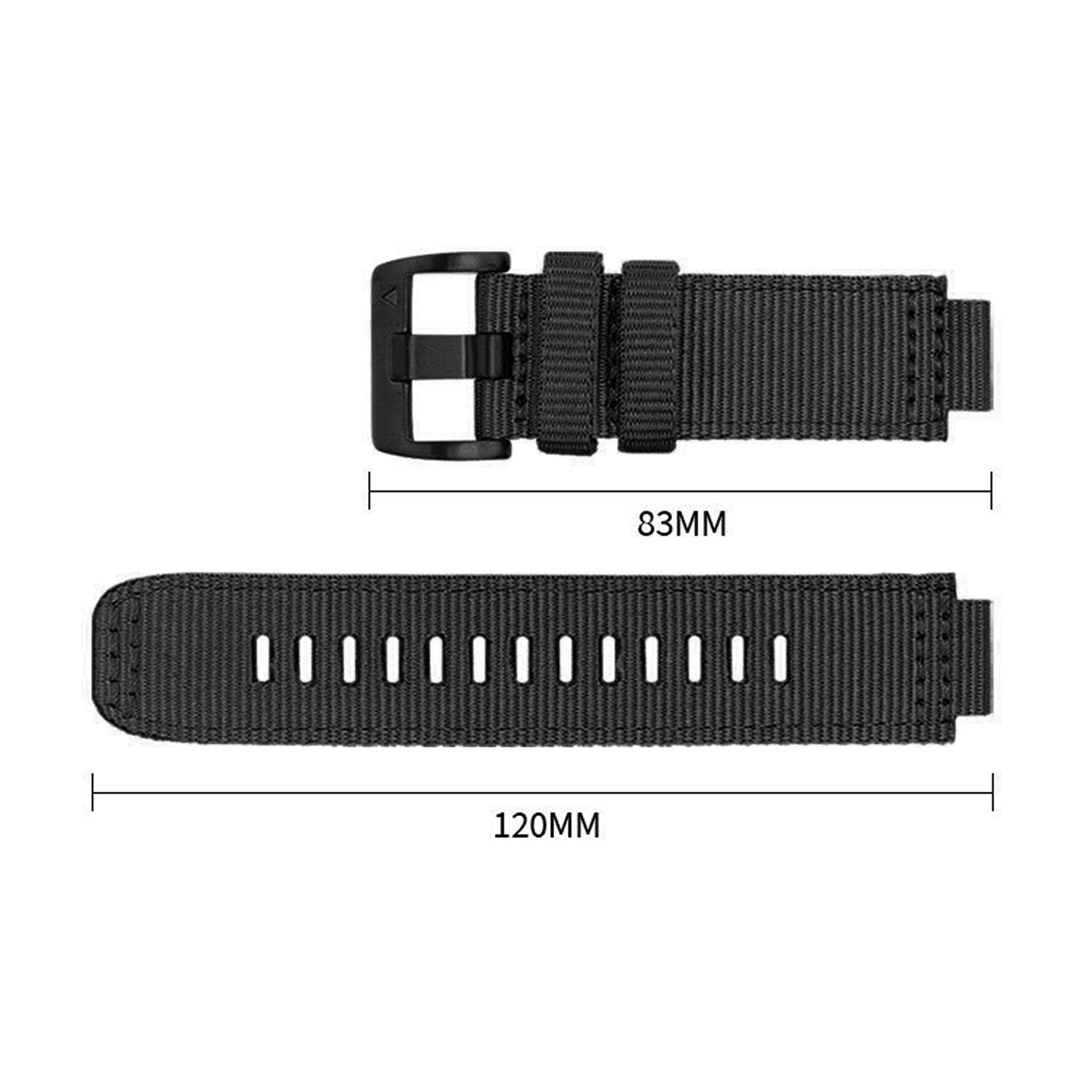 Cinturino in tessuto nero con fibbia nera, 83mm e 120mm.