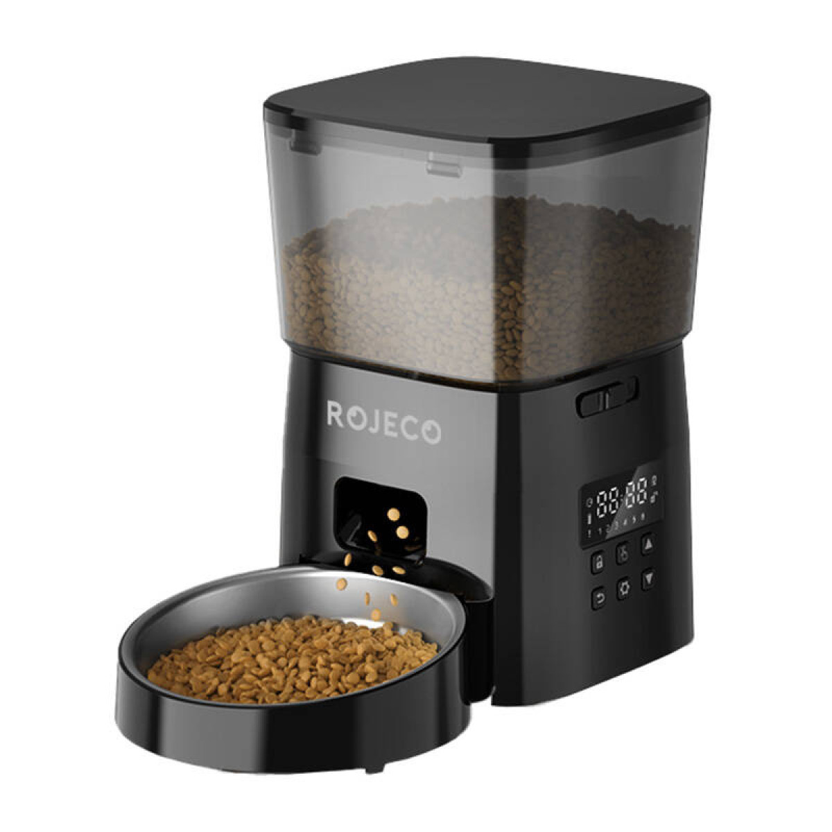 Un distributore automatico nero per animali domestici con scomparto trasparente.
