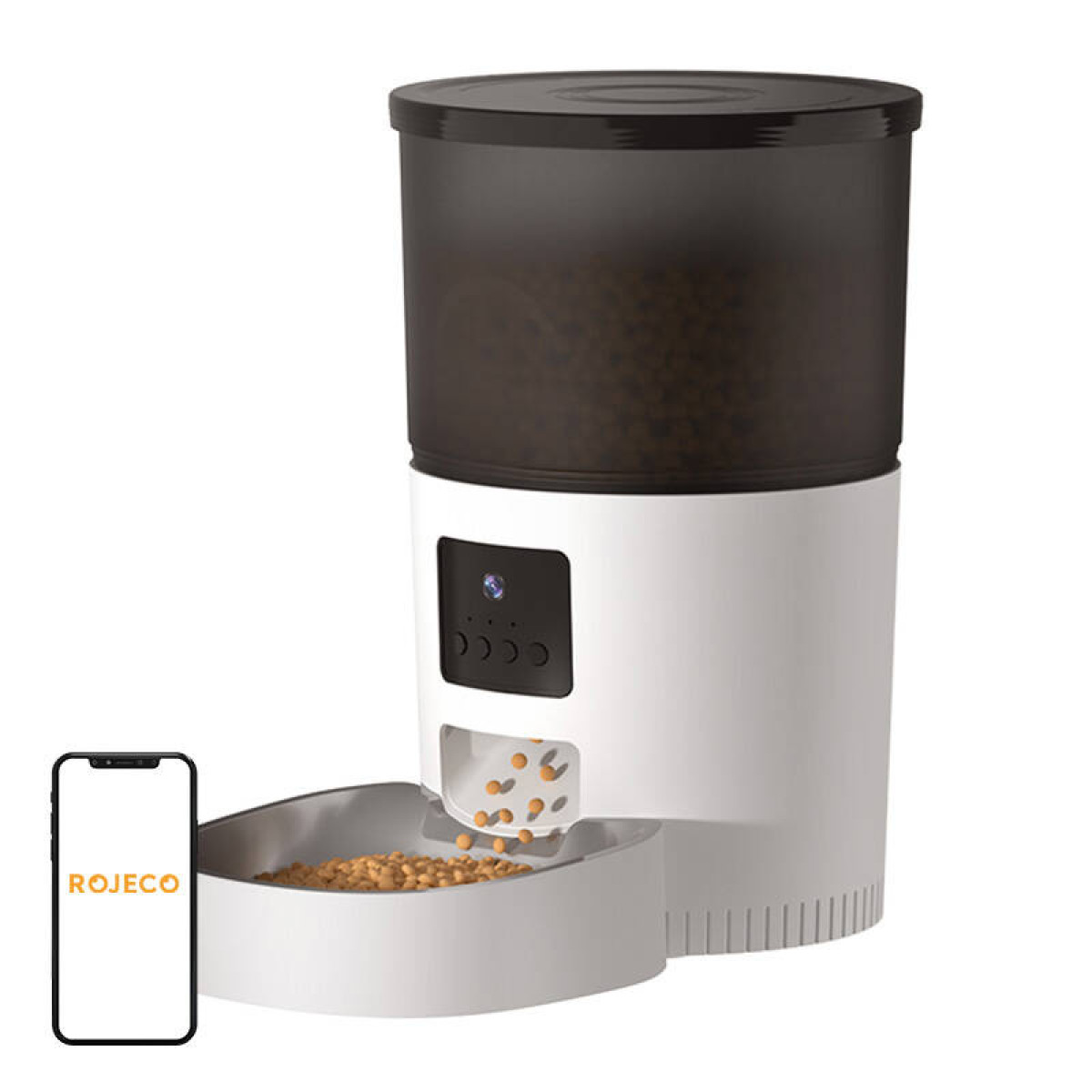 Un distributore automatico bianco per animali domestici con coperchio scuro.