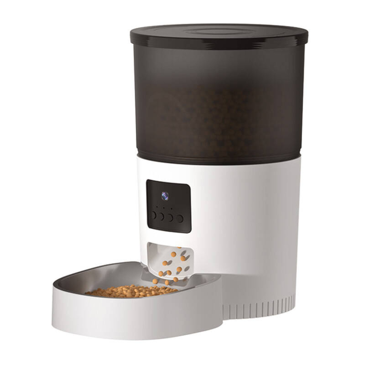 Un distributore automatico bianco per animali con contenitore nero.