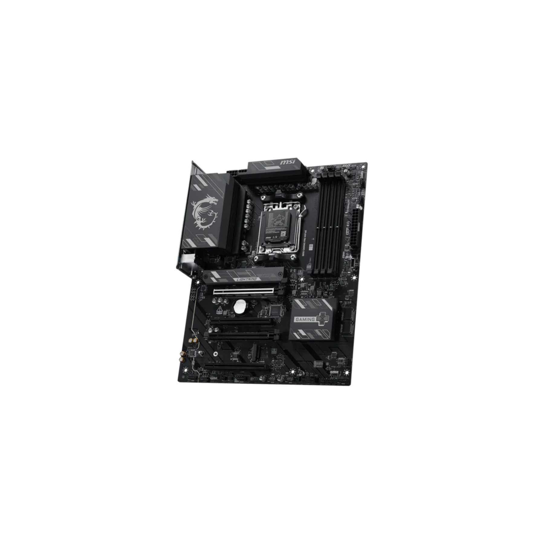 Schwarzes Motherboard mit MSI-Logo und Lüfterkühlern.