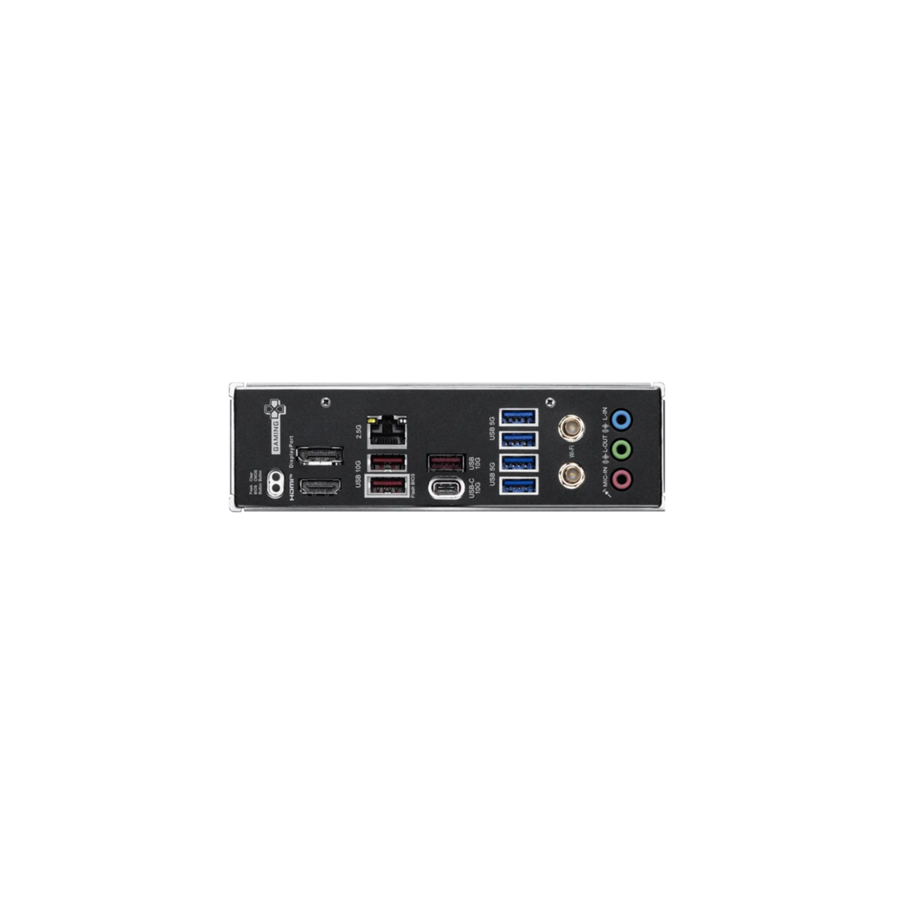 Rückseite eines Motherboards mit Anschlüssen: USB, HDMI, DisplayPort, Audio und LAN.
