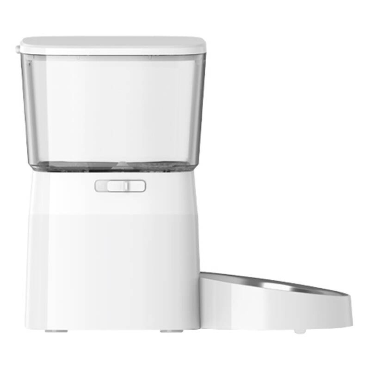 Un distributore automatico bianco per animali domestici con contenitore trasparente e ciotola in acciaio inox.