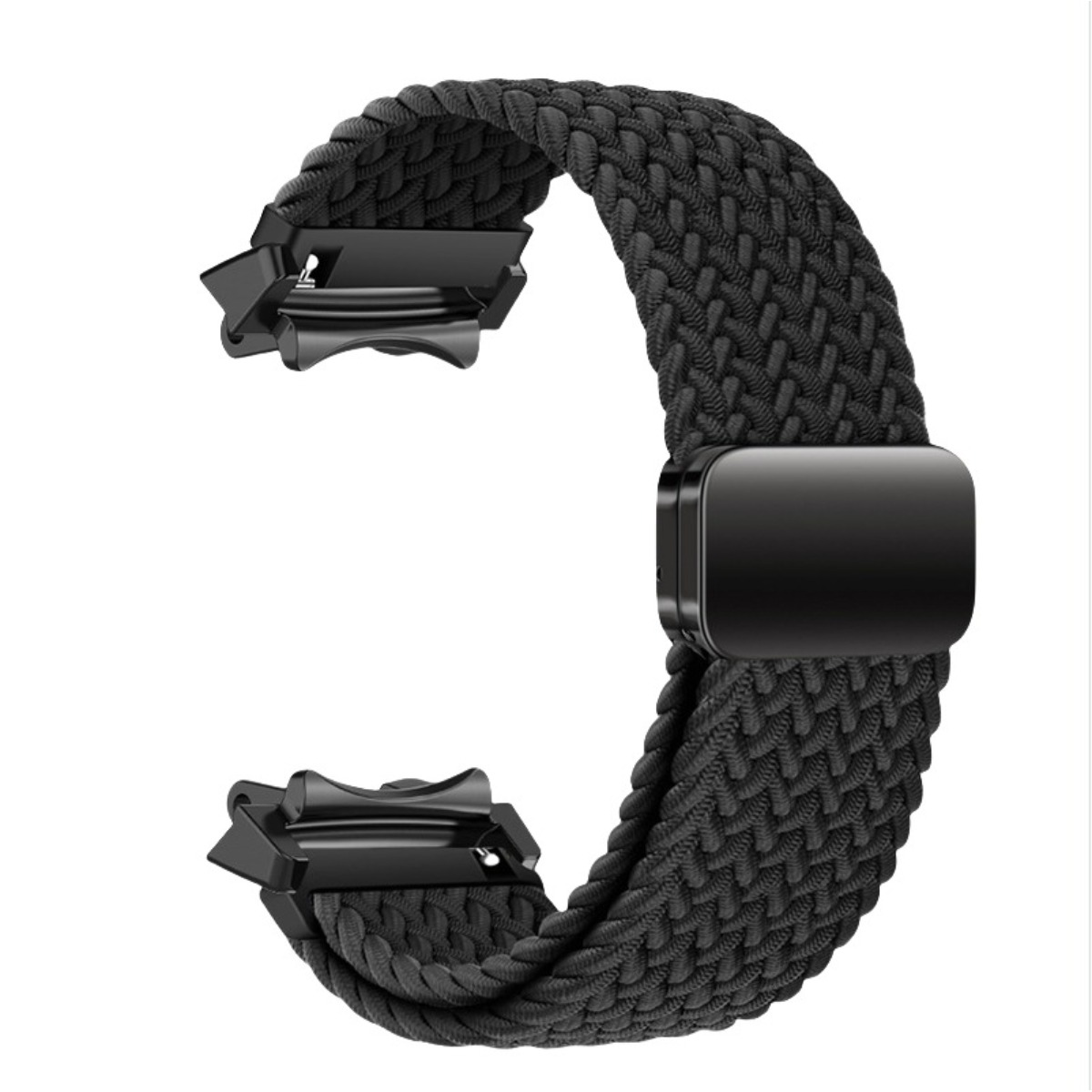 Ein schwarzes geflochtenes Uhrenarmband mit schwarzen Schnallen.