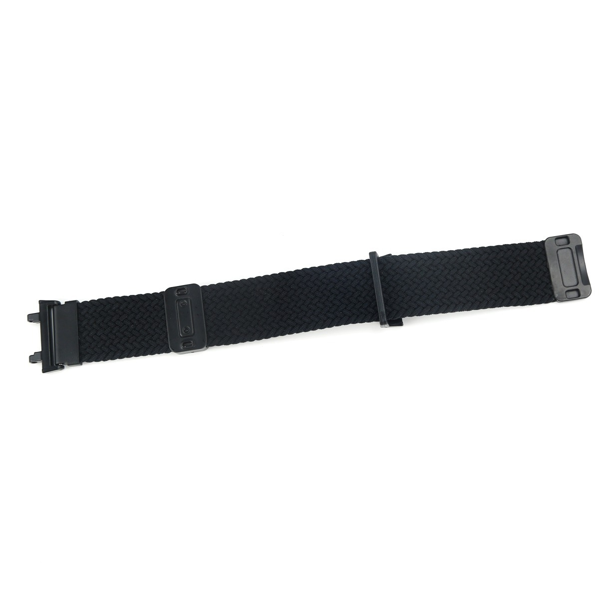 Schwarzes Stoffband mit Schnallen und Verstellern auf weißem Hintergrund.