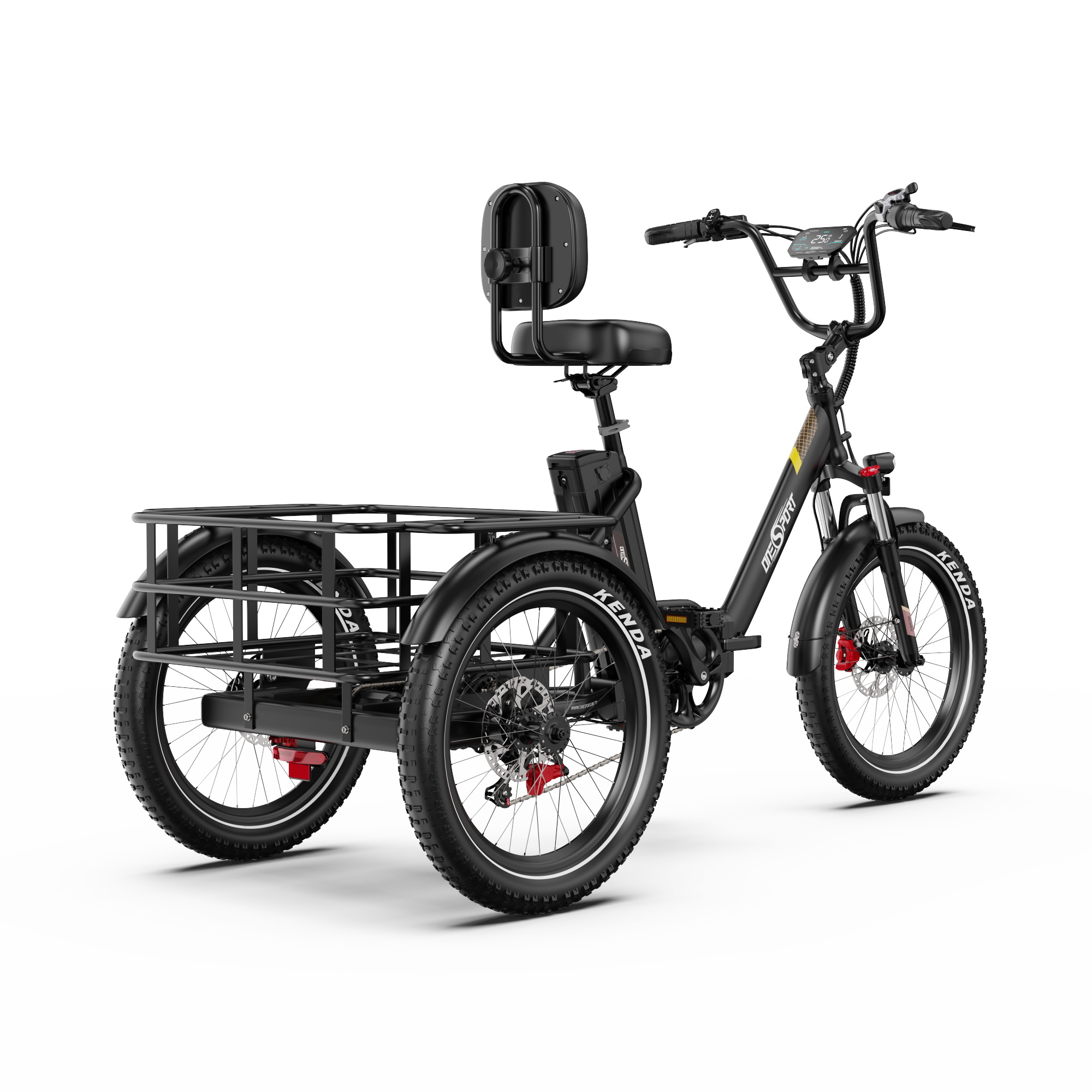 Schwarzes Dreirad-E-Bike mit großem Gepäckträger hinten und bequemer Sitzlehne.