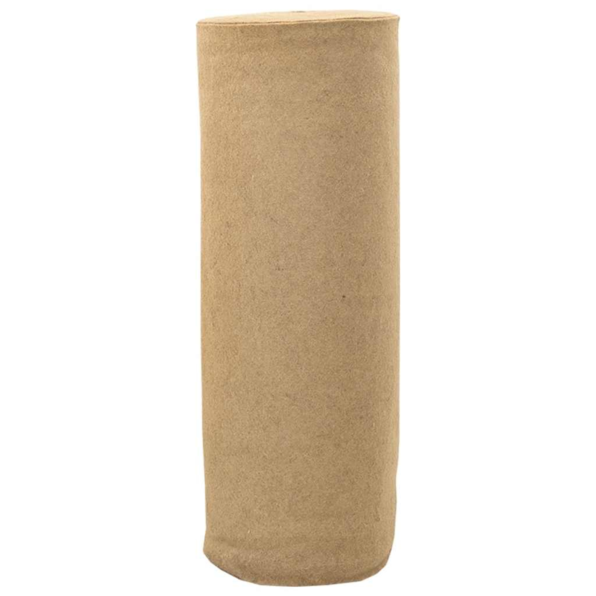 Un rotolo alto e cilindrico di carta marrone sta in piedi su uno sfondo bianco.