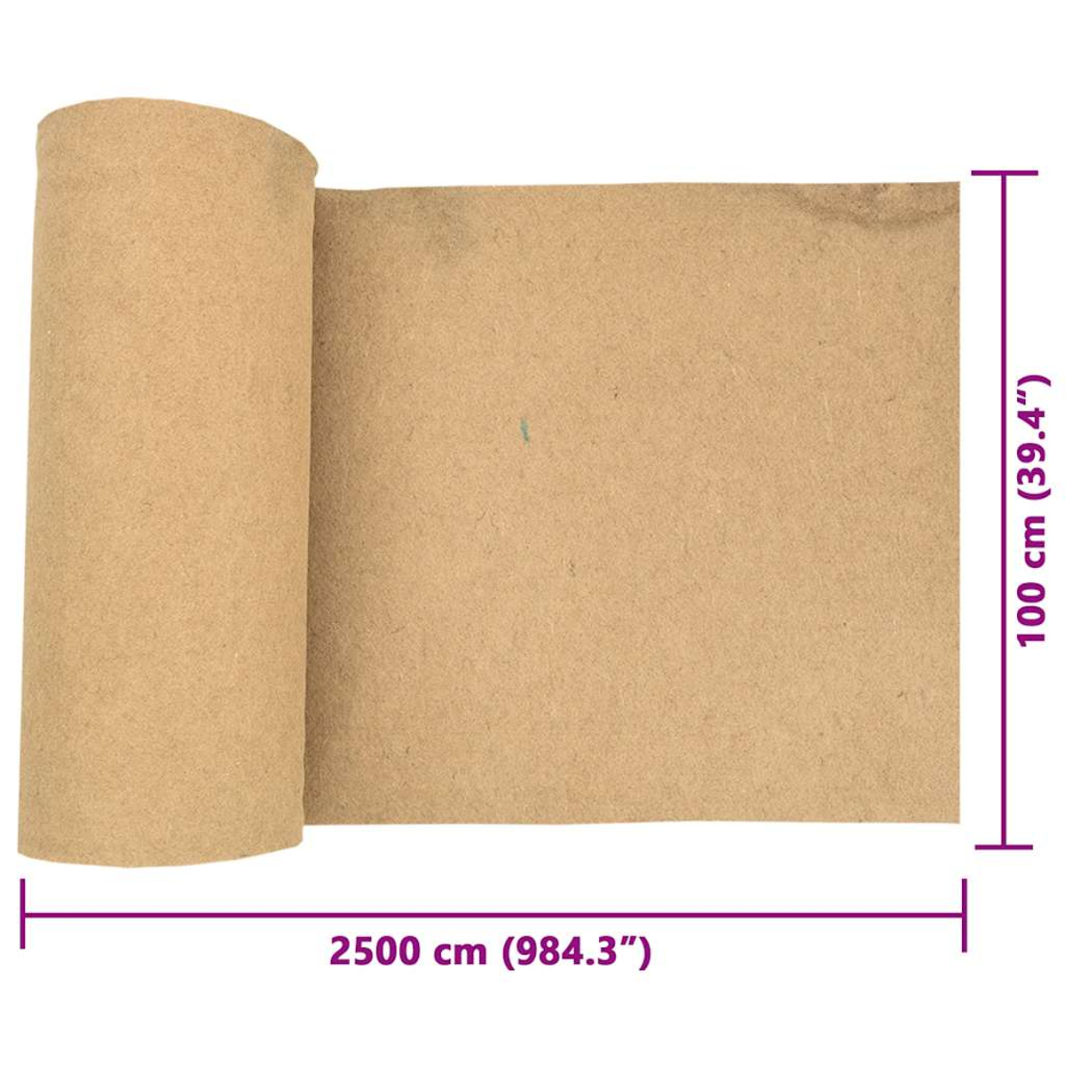 Un grande rotolo di feltro marrone, lungo 2500 cm e largo 100 cm.