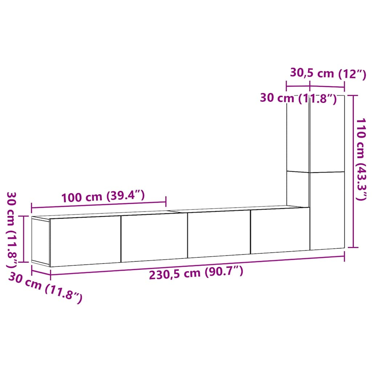 Estantería de pared en L de 230,5 cm de largo y 110 cm de alto.