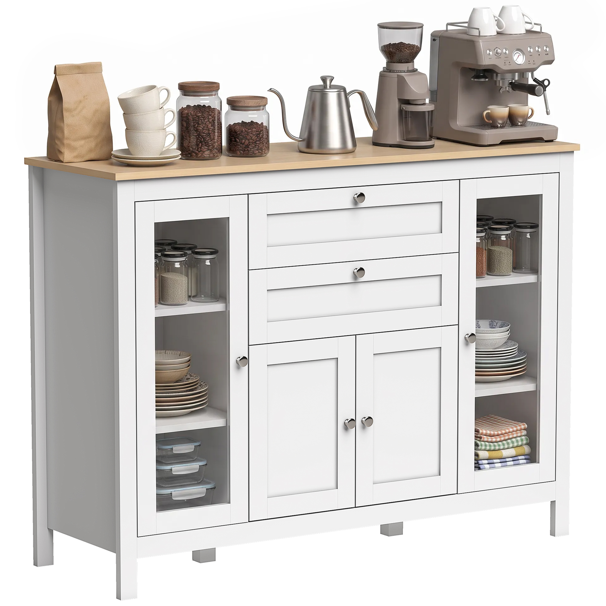 Un mobile bianco con macchina da caffè, macinacaffè, barattoli di chicchi di caffè, tazze e piatti.
