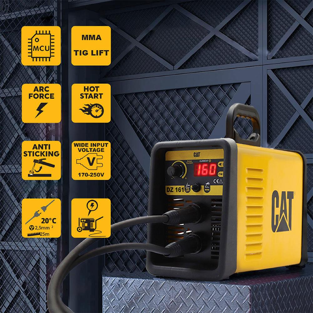 160 göstergeli sarı CAT kaynak makinesi, özellikler: MCU, MMA, TIG, ARC, HOT START, ANTI STICKING, 170-250V.