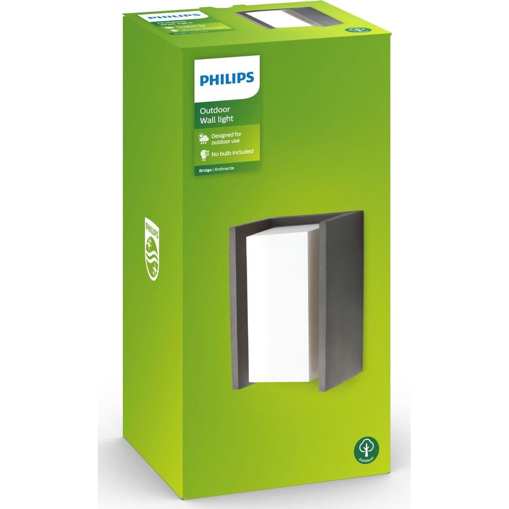 Embalaje verde Philips para una lámpara de pared exterior con imagen del producto.