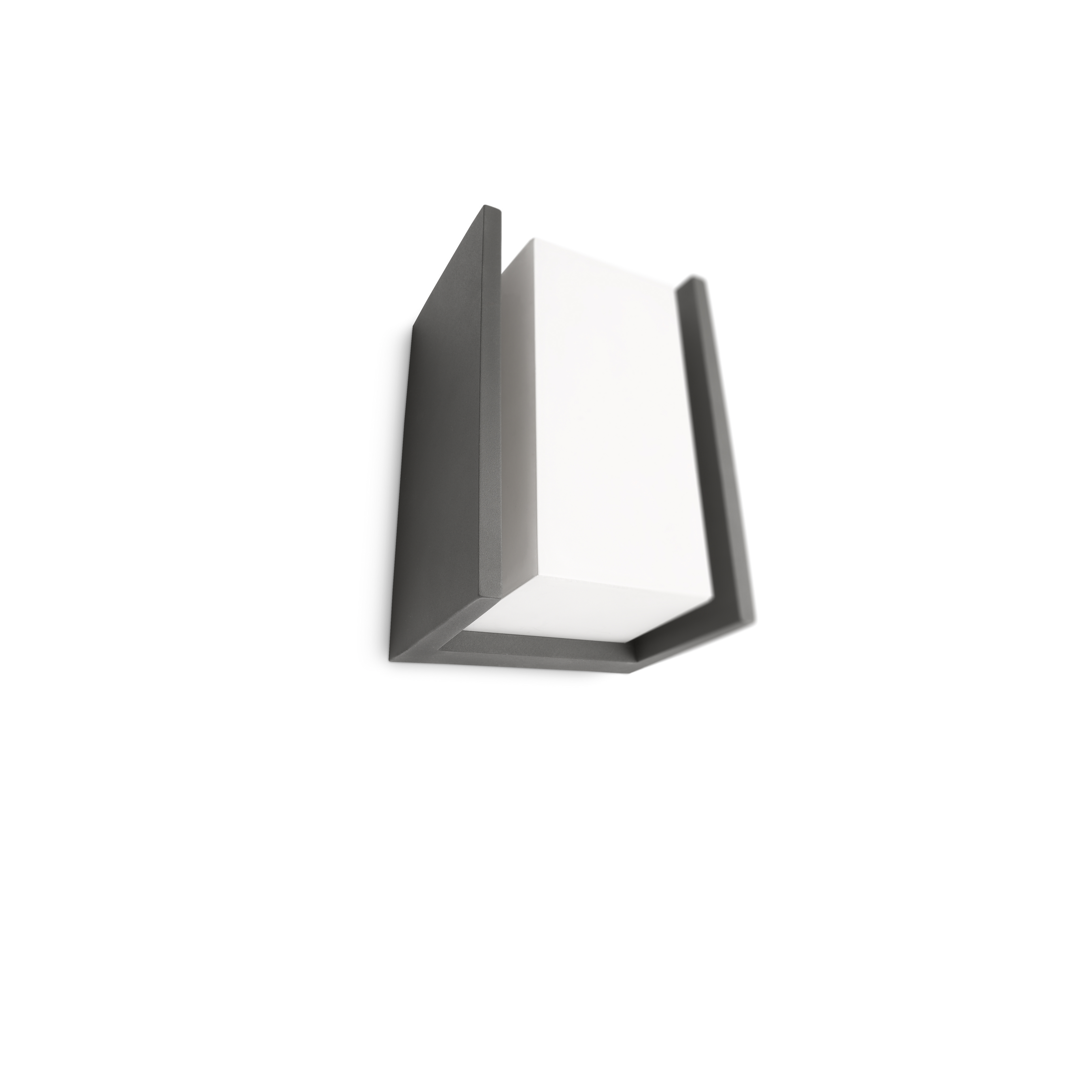Lámpara de pared moderna con marco de metal oscuro y caja de luz blanca.