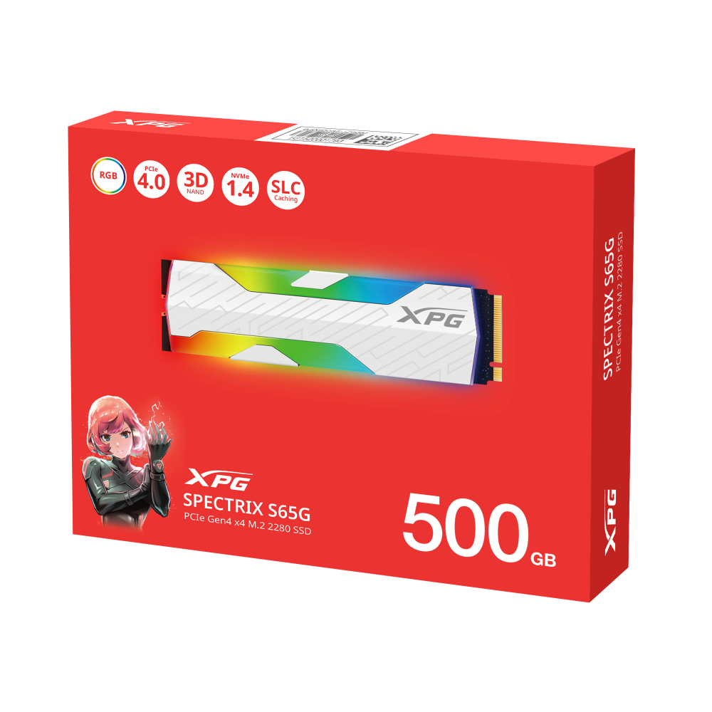 XPG Spectrix S65G SSD, anime karakteri, RGB aydınlatma ve 500 GB kapasiteli kırmızı kutu.
