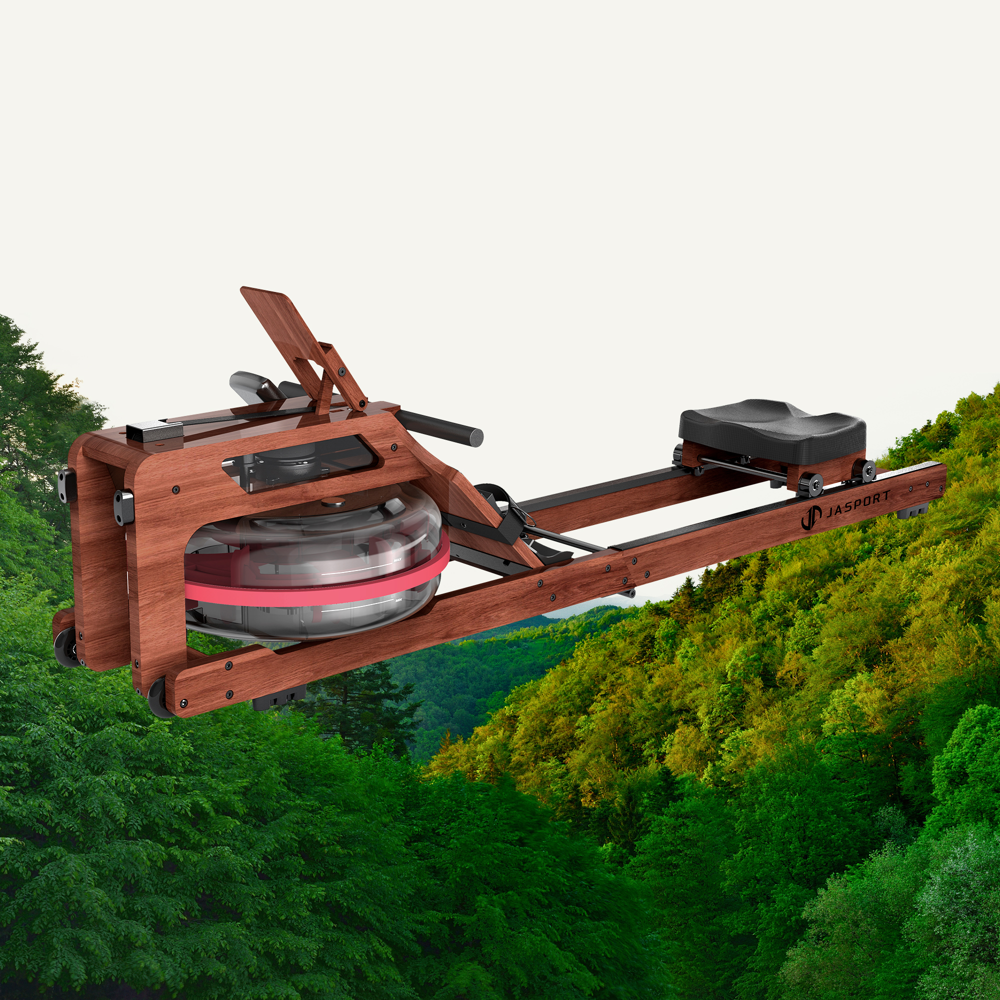 Un vogatore in legno con serbatoio d'acqua e sedile è davanti a una foresta verde.