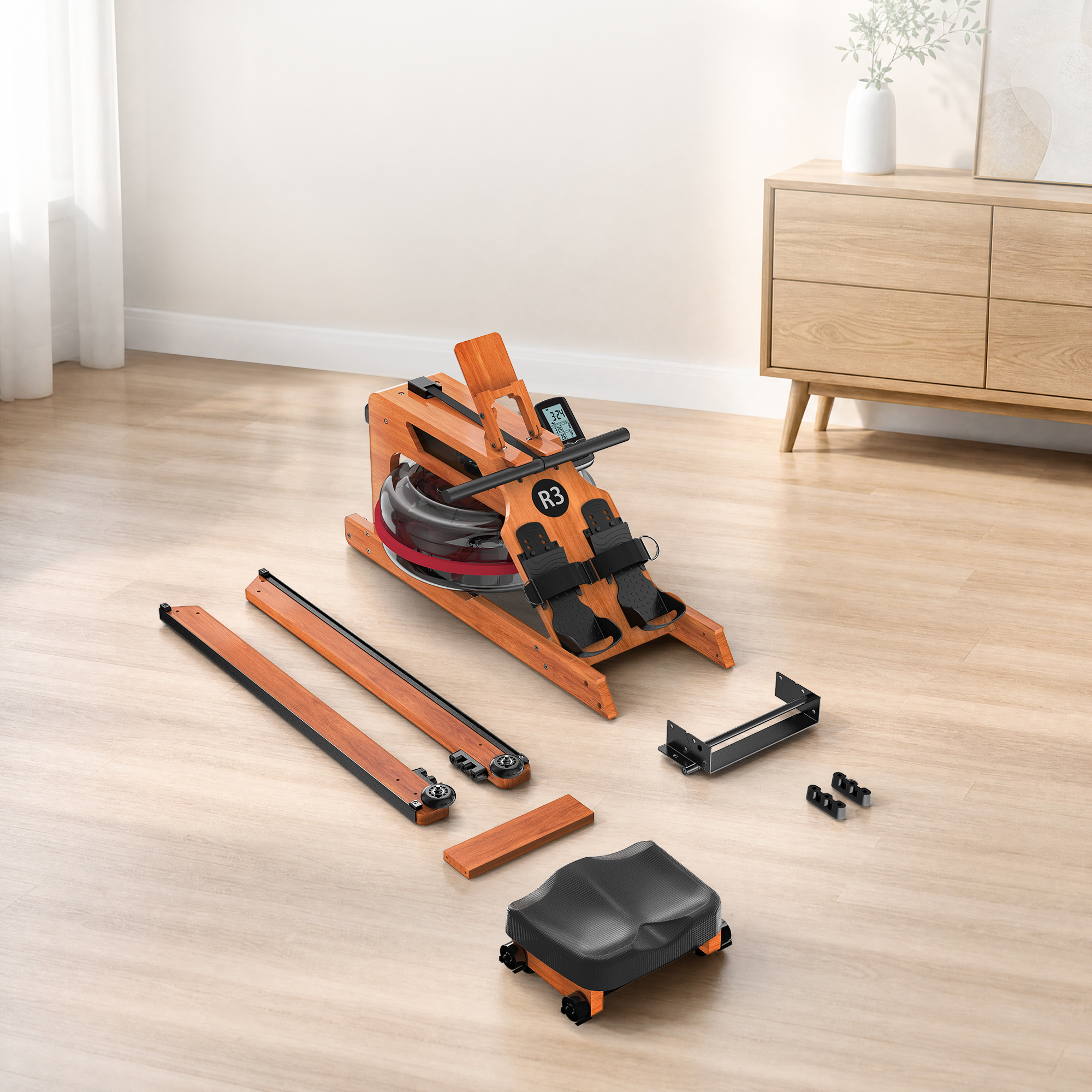 Una vogatrice in legno con parti su un pavimento in legno.