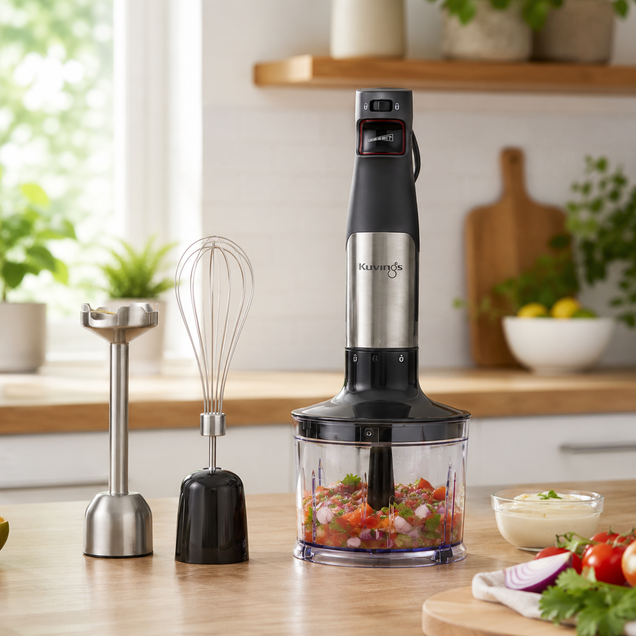 Blender ręczny z akcesoriami i posiekanymi warzywami na drewnianym stole.