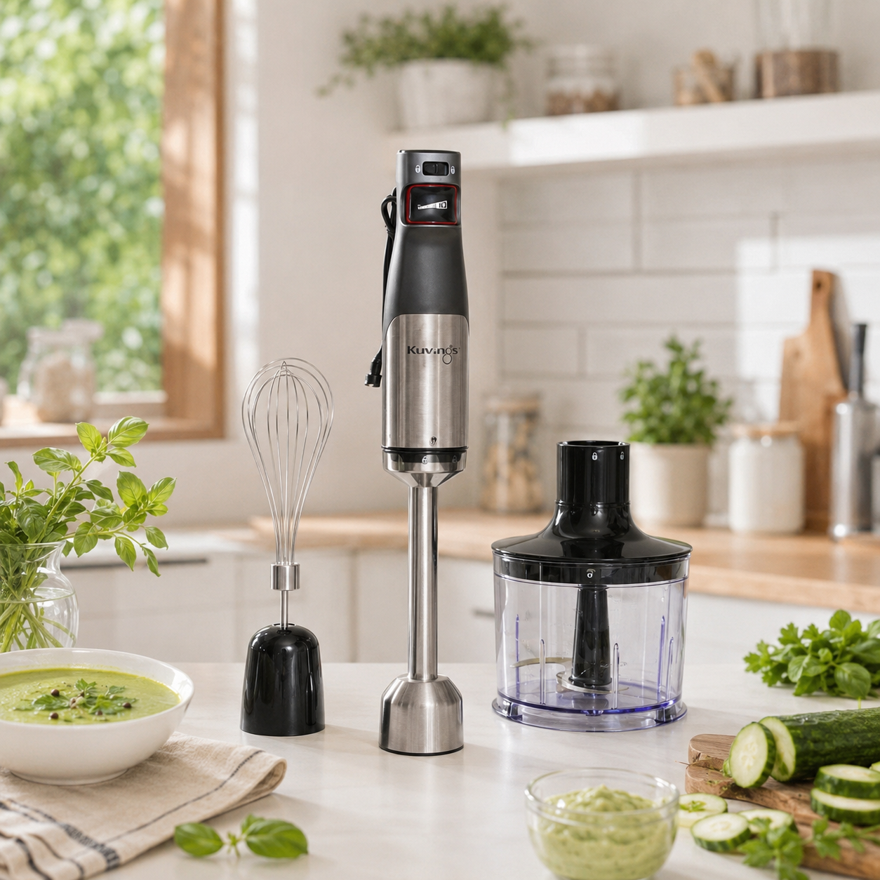 Blender ręczny Kuvings, trzepaczka i przystawka do siekania na blacie kuchennym z zupą.