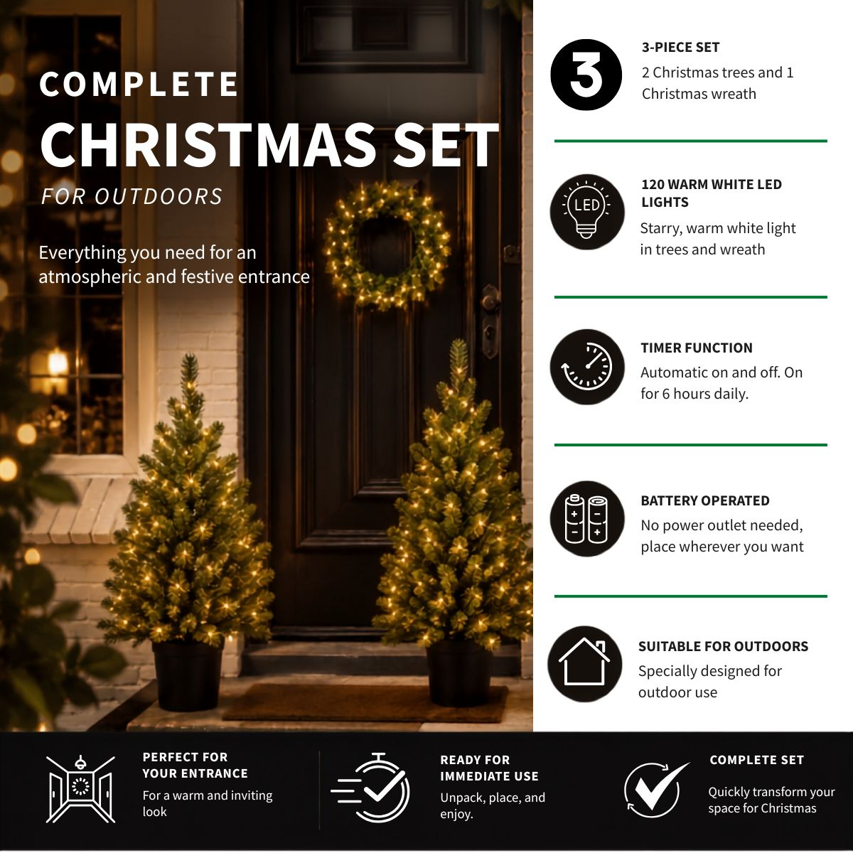 Two lit Christmas trees and a wreath in front of a front door.