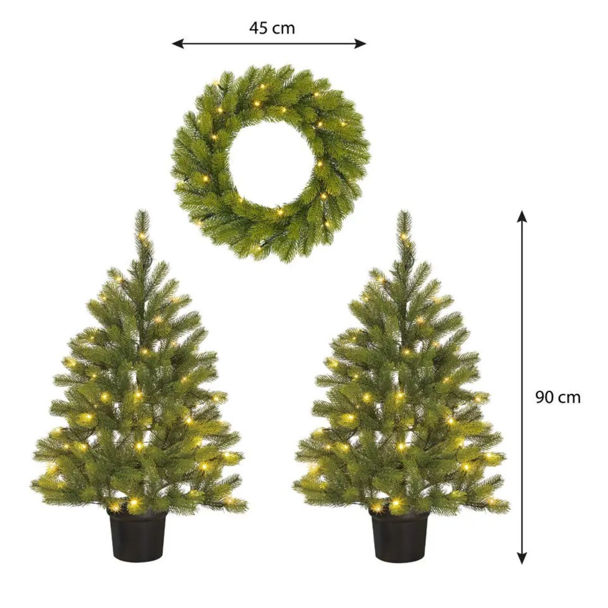 Two 90cm artificial Christmas trees with lights and a 45cm wreath.
