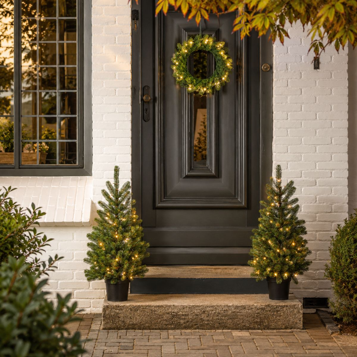 Two illuminated Christmas trees flank a dark door adorned with a wreath.