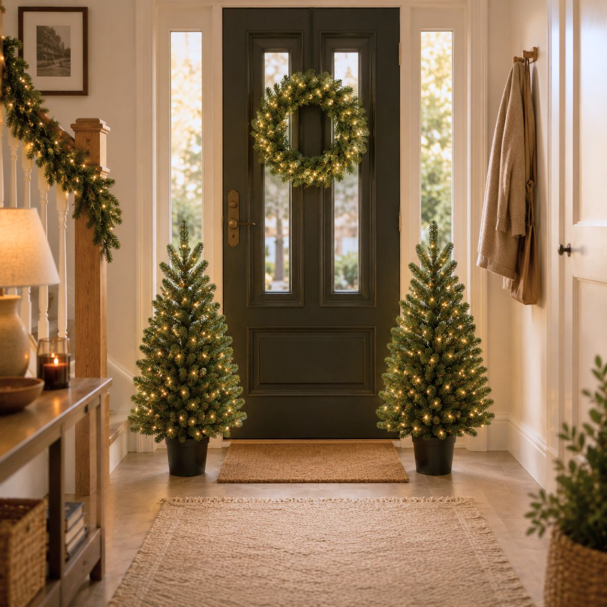 Entryway with two lit Christmas trees, a wreath, and garland.