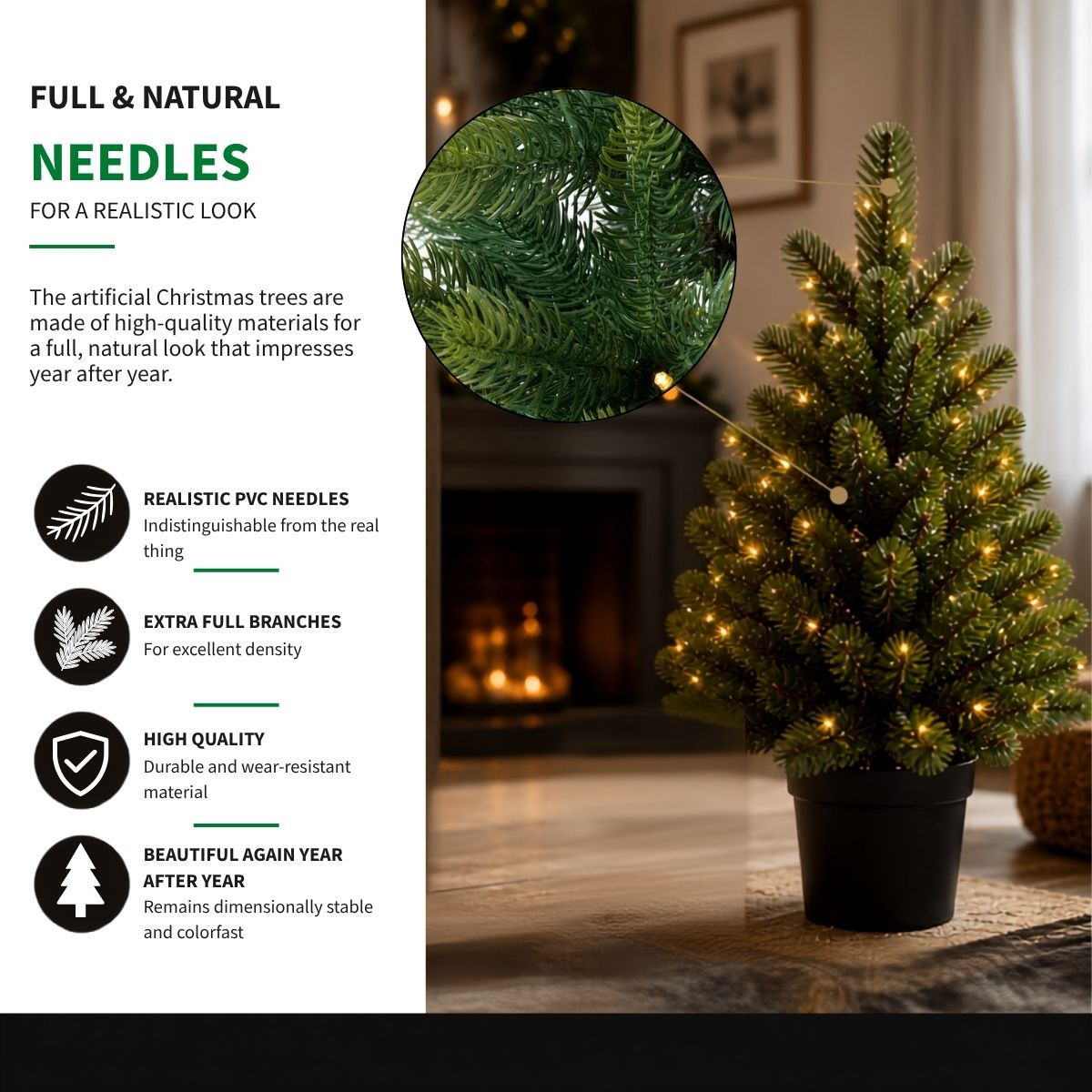 A small artificial Christmas tree with lights in a black pot.