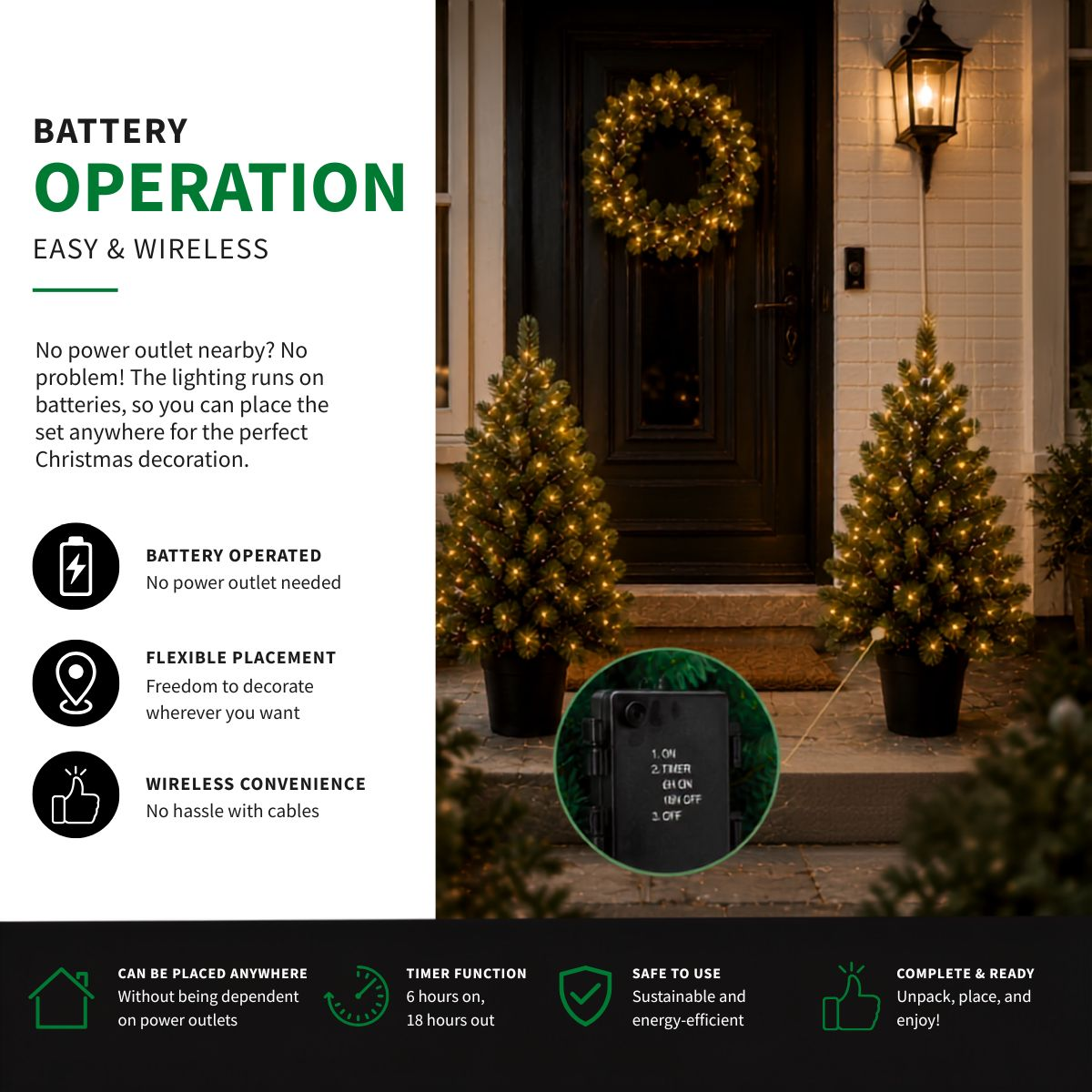 Lit Christmas trees and wreath outside a front door, running on batteries.