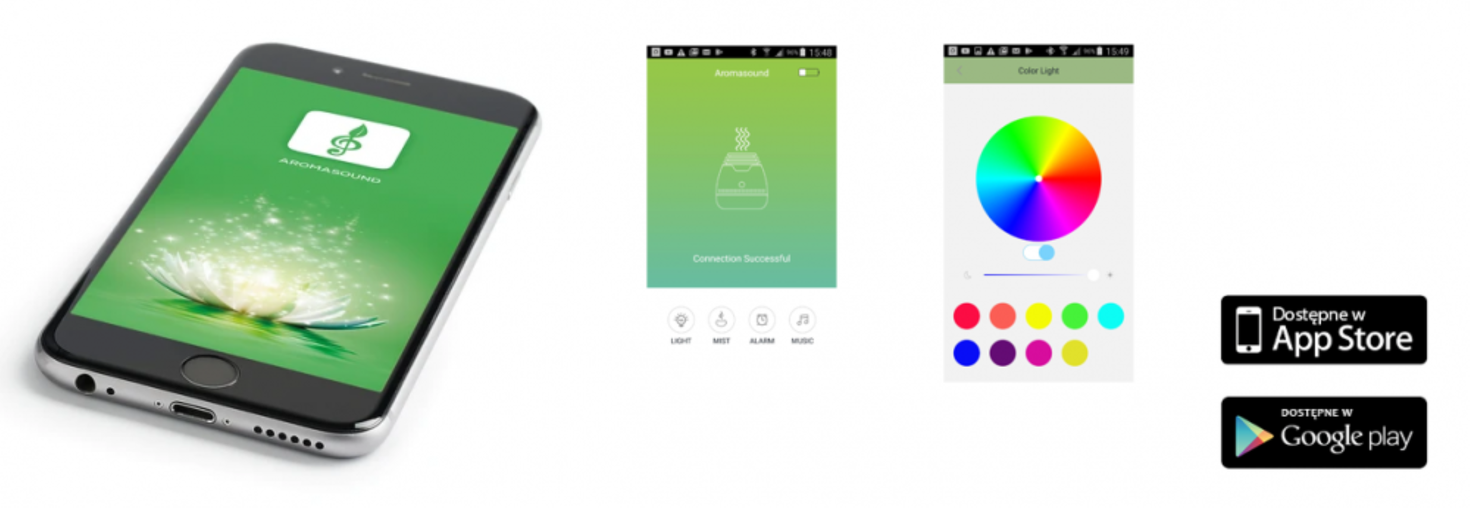 Uno smartphone mostra schermate app: home, connessione, selezione colore. Loghi App Store/Google Play.