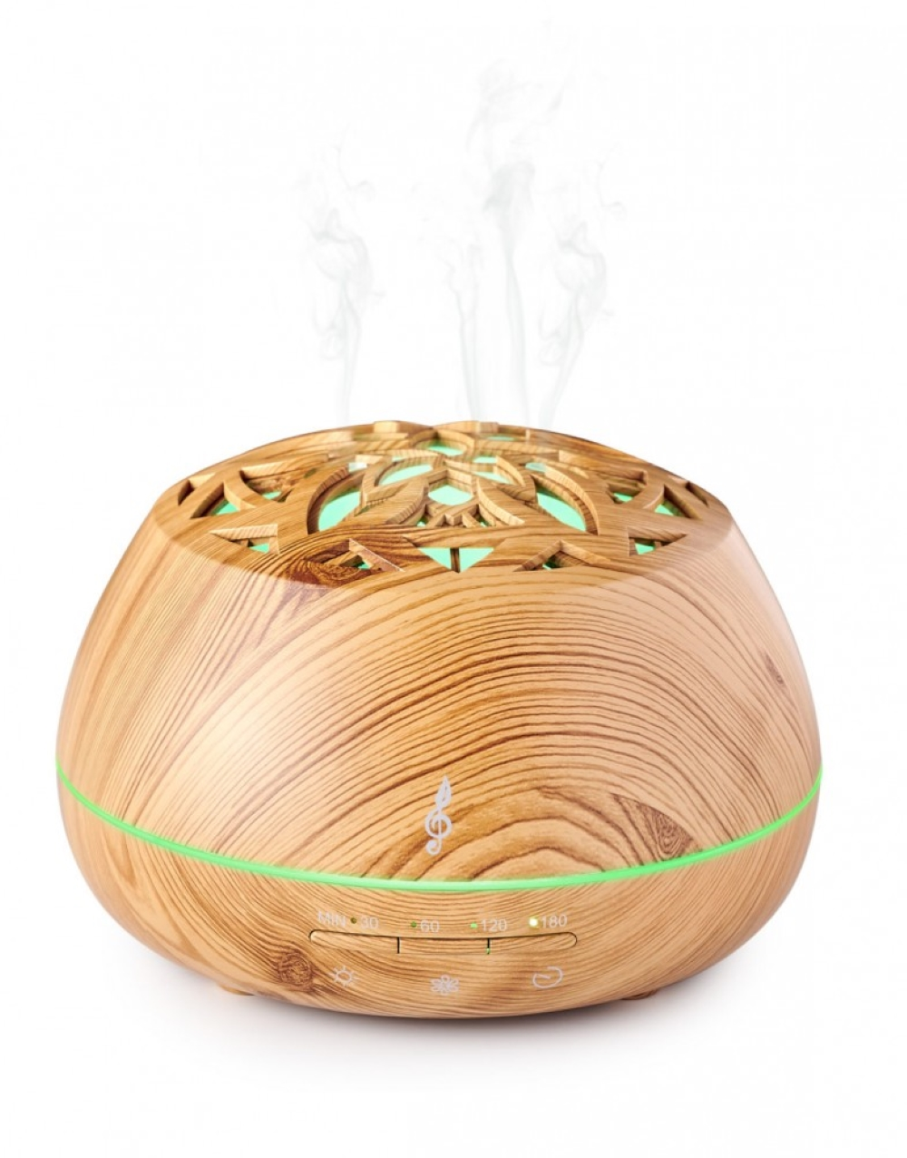 Un diffusore in legno con top intagliato, luce verde, che emette vapore.