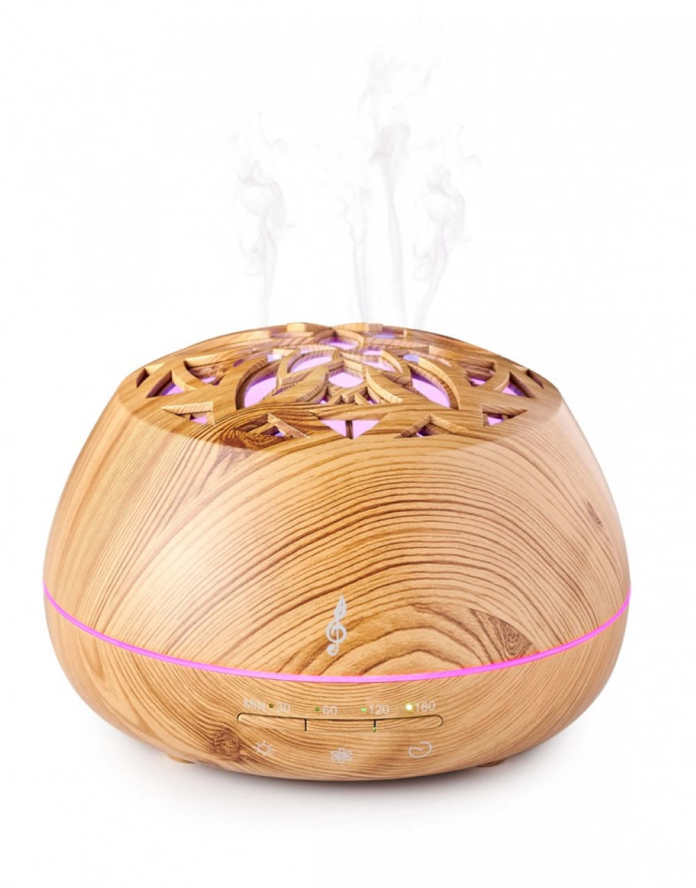 Un diffusore con venature di legno, luce viola e vapore che sale dall'alto.