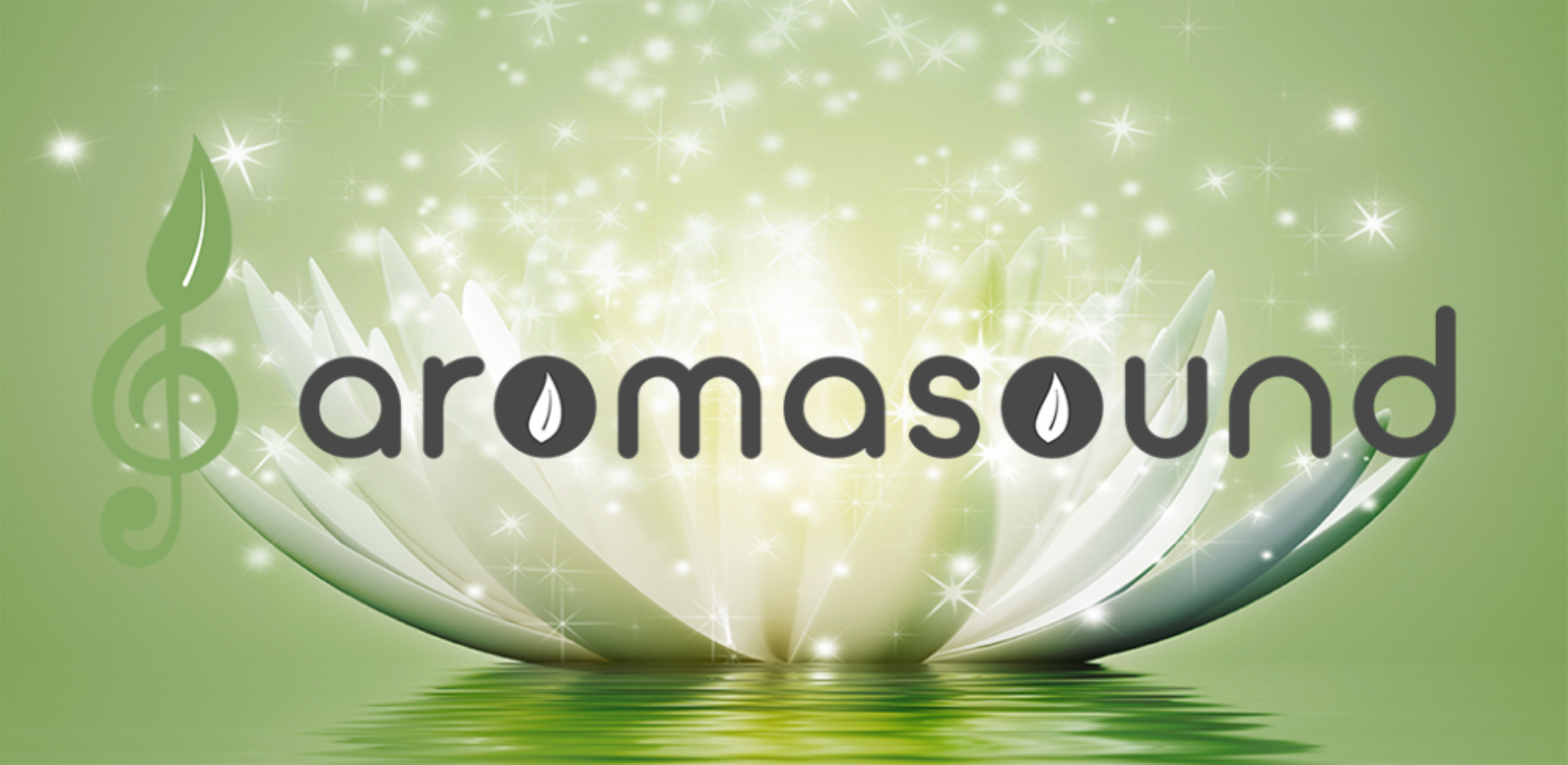 Zielona klucz wiolinowy z liściem i tekstem "aromasound"