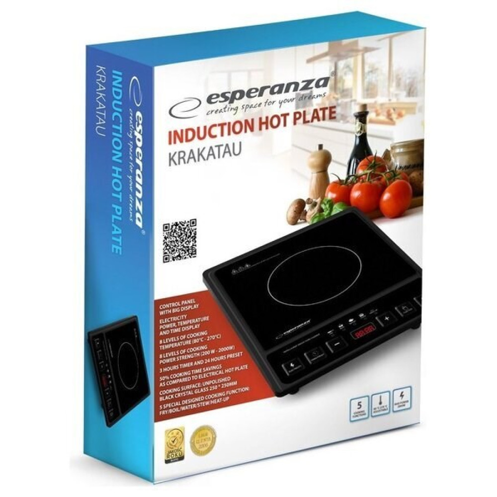 Scatola di un piano cottura a induzione Esperanza nero con utensili e pomodori.