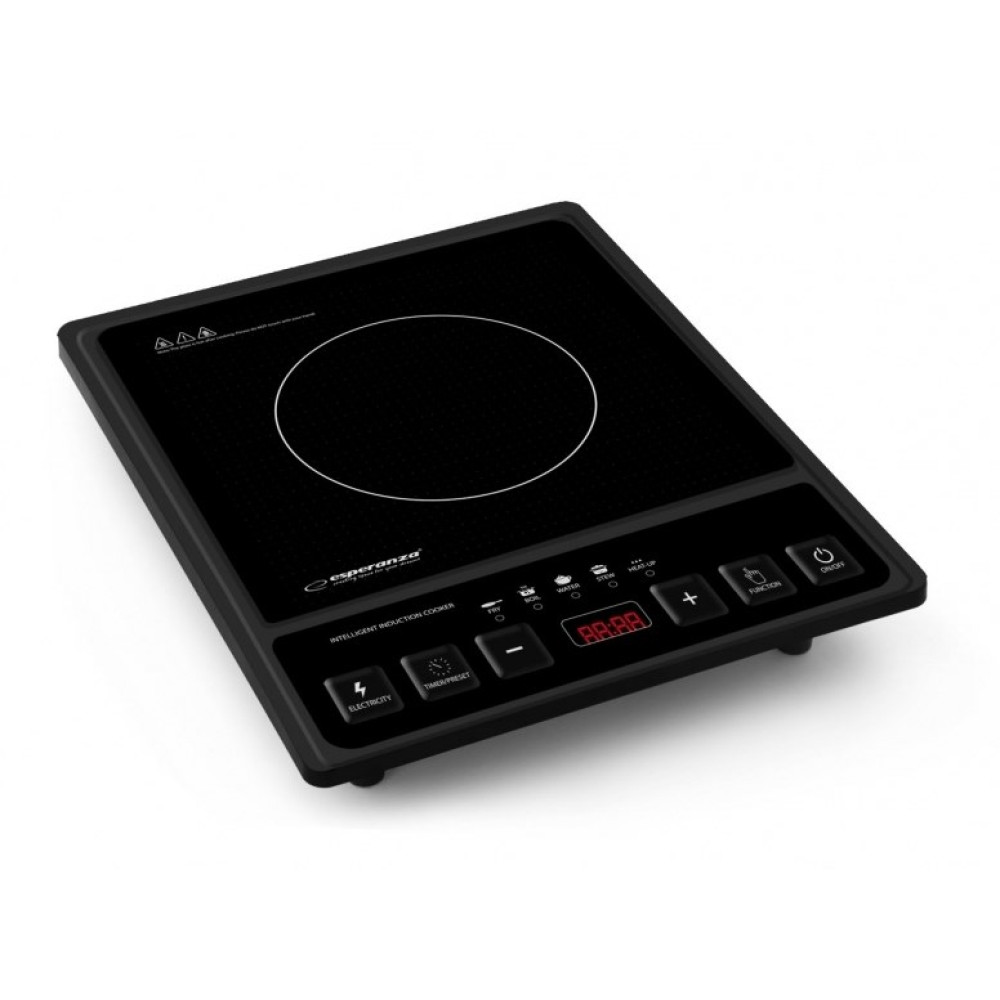 Fornello a induzione nero con display digitale e pulsanti di controllo.