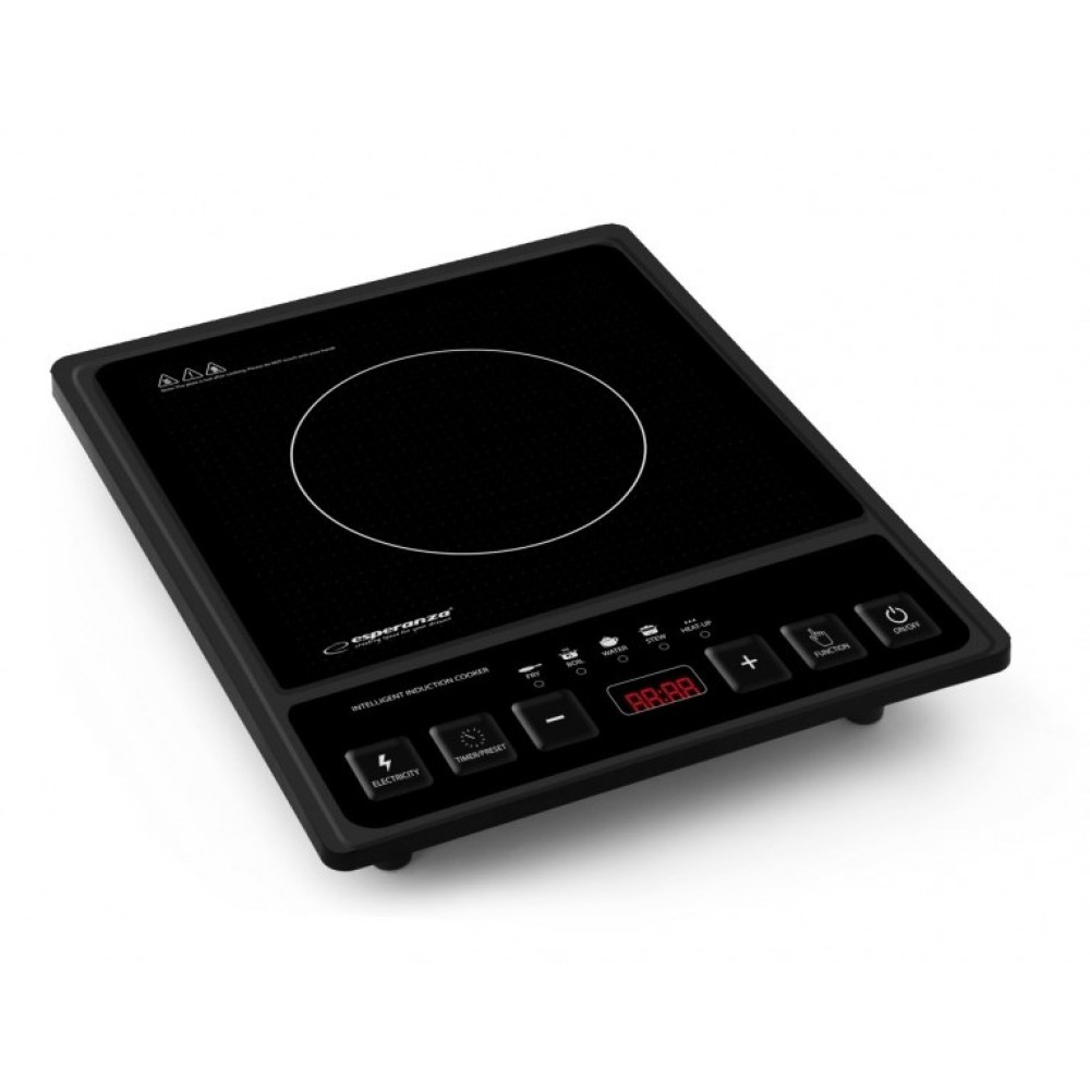 Fornello a induzione nero con display digitale e pannello di controllo.