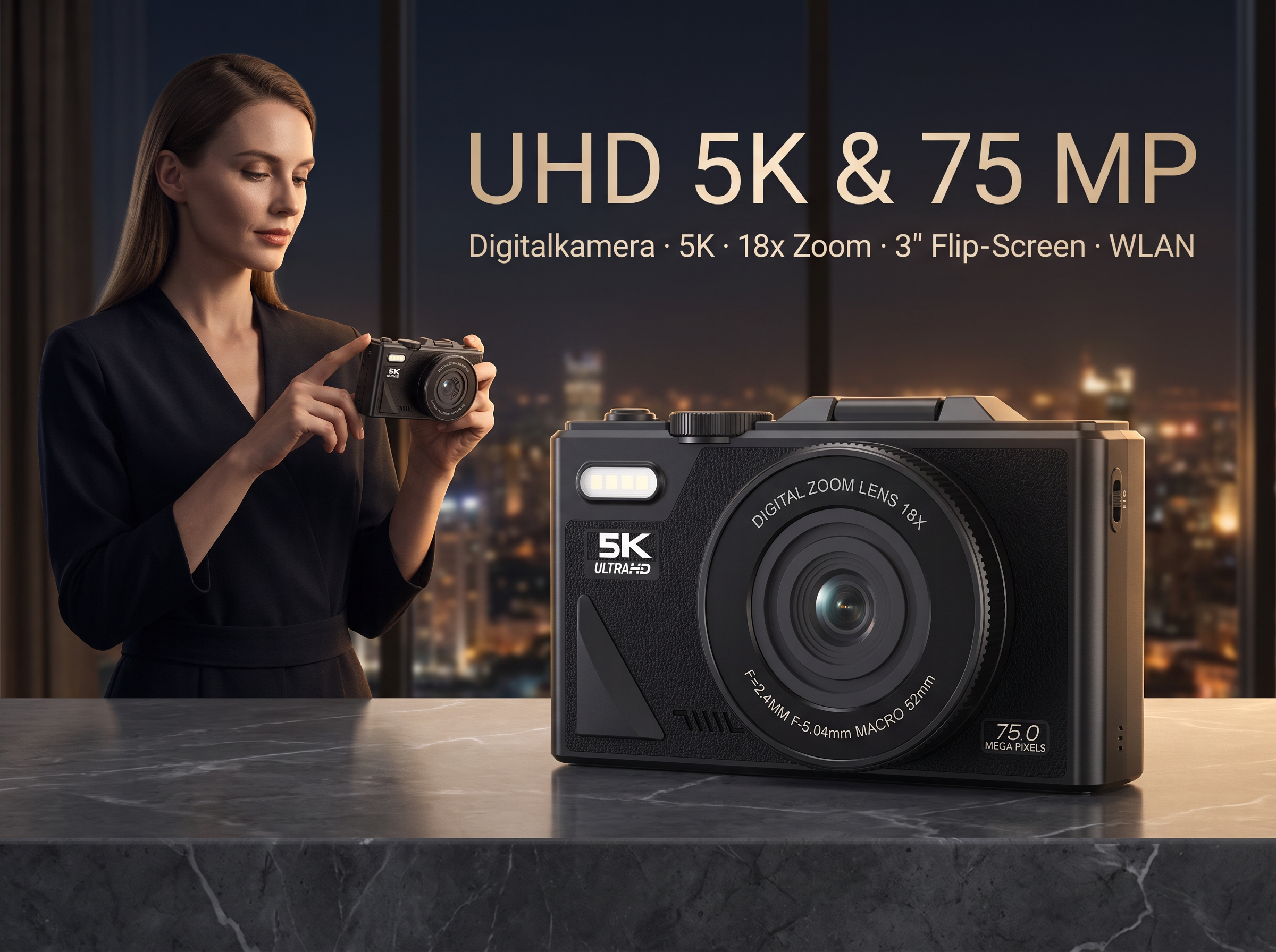 Eine Frau hält eine schwarze Digitalkamera mit Text UHD 5K & 75 MP.