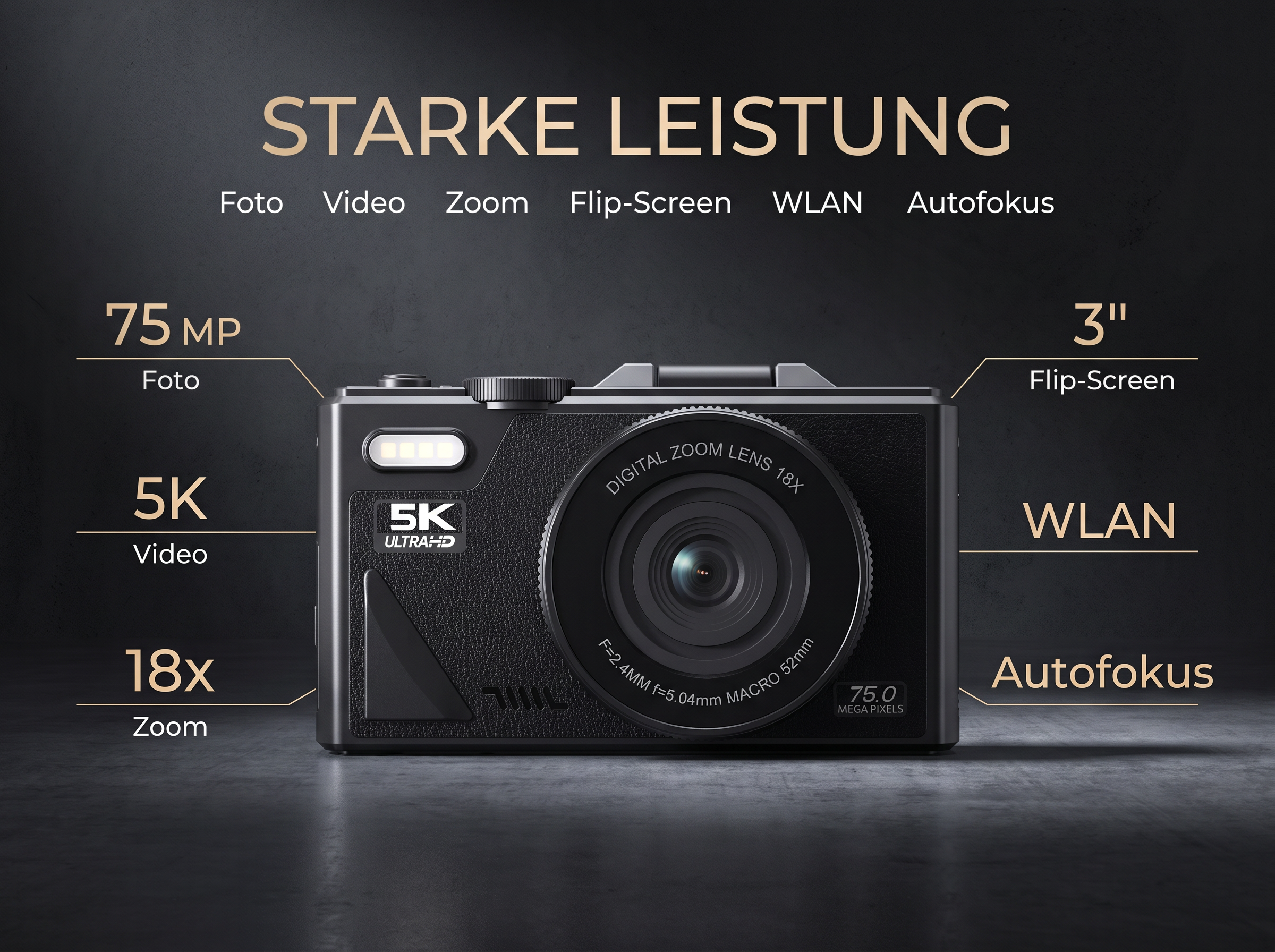 Eine schwarze Digitalkamera mit 75 MP, 5K Video, 18x Zoom, 3" Flip-Screen.