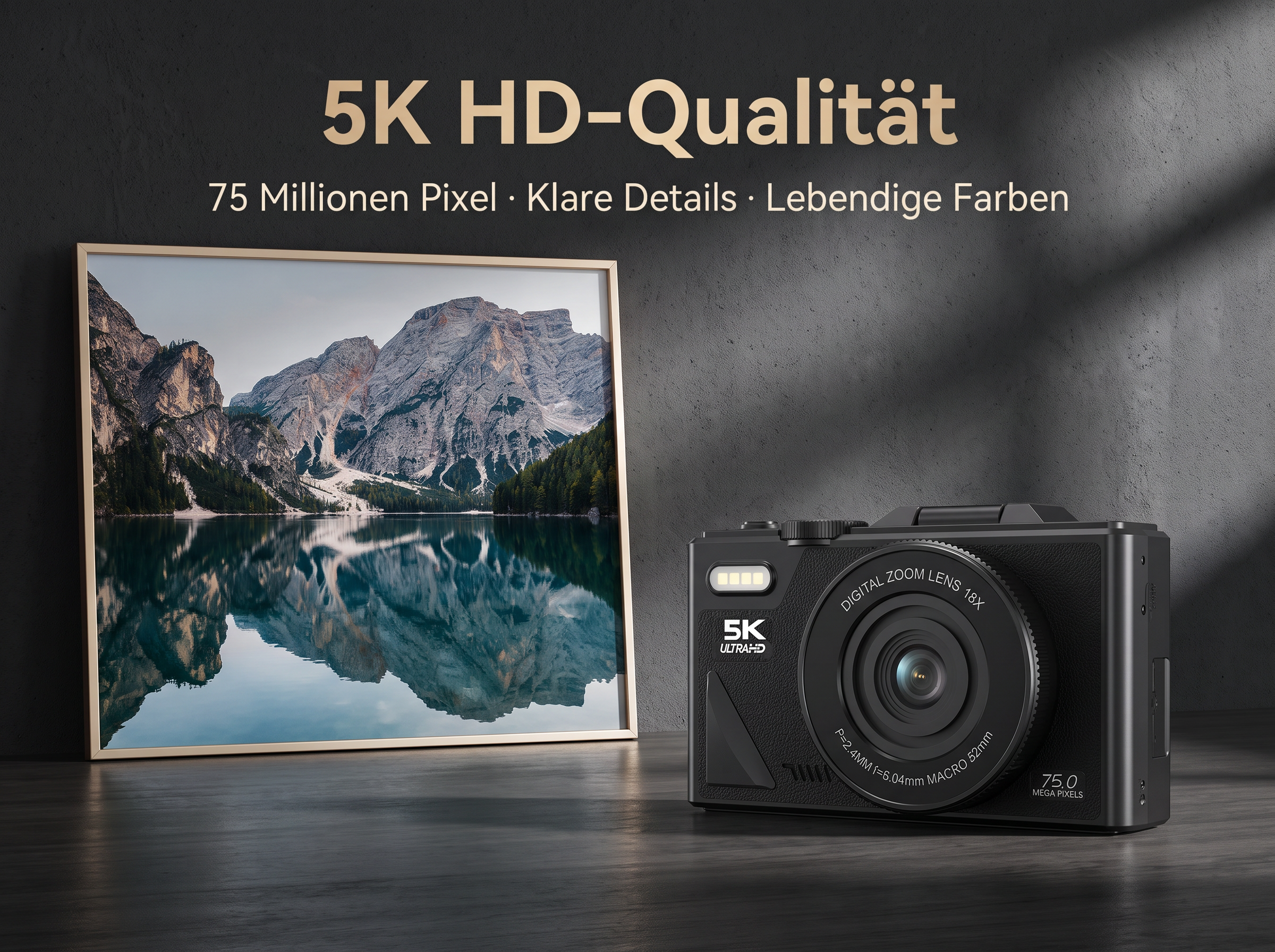 Eine Kamera steht neben einem gerahmten Bild eines Bergsees. 5K HD-Qualität.