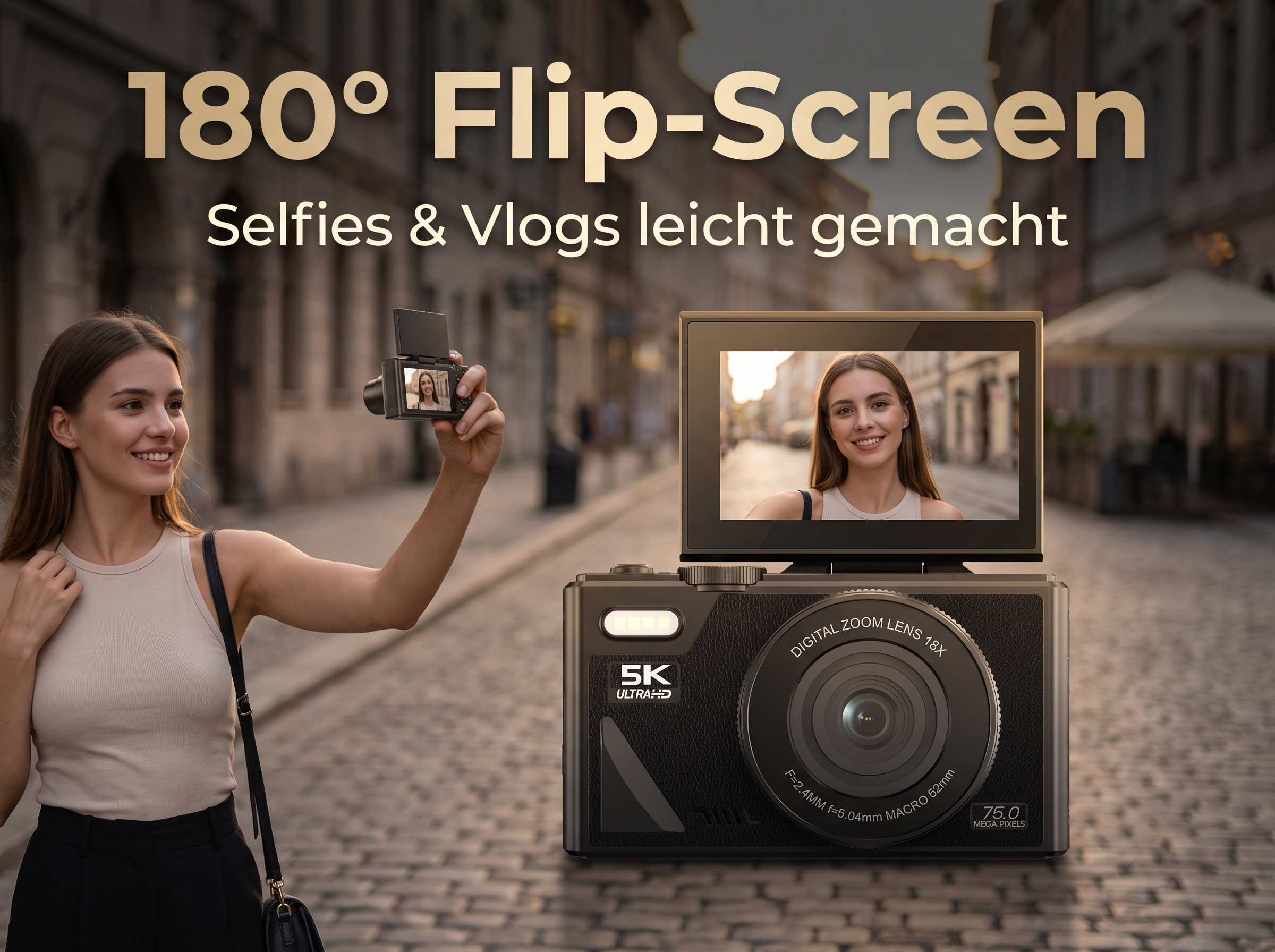 Eine Frau macht ein Selfie mit einer 5K-Kamera, deren Bildschirm um 180 Grad schwenkbar ist.