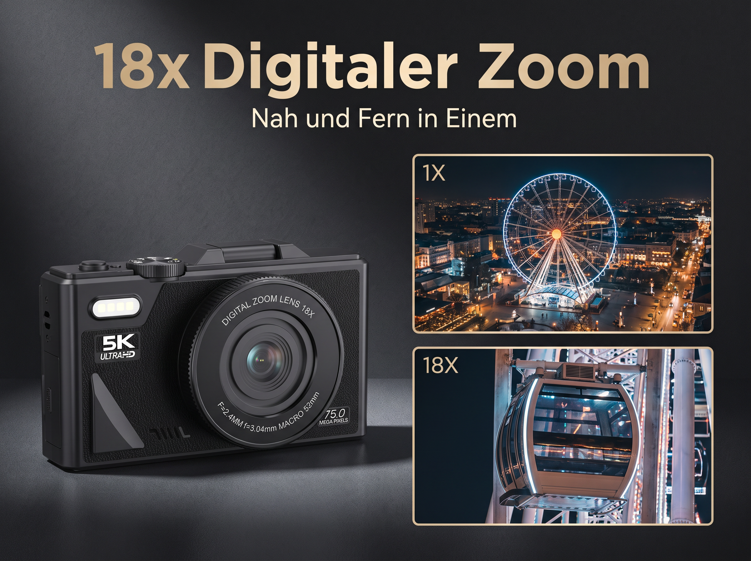Schwarze Kamera mit digitalem Zoom-Anzeige. Nahaufnahme einer Gondel im Rad.
