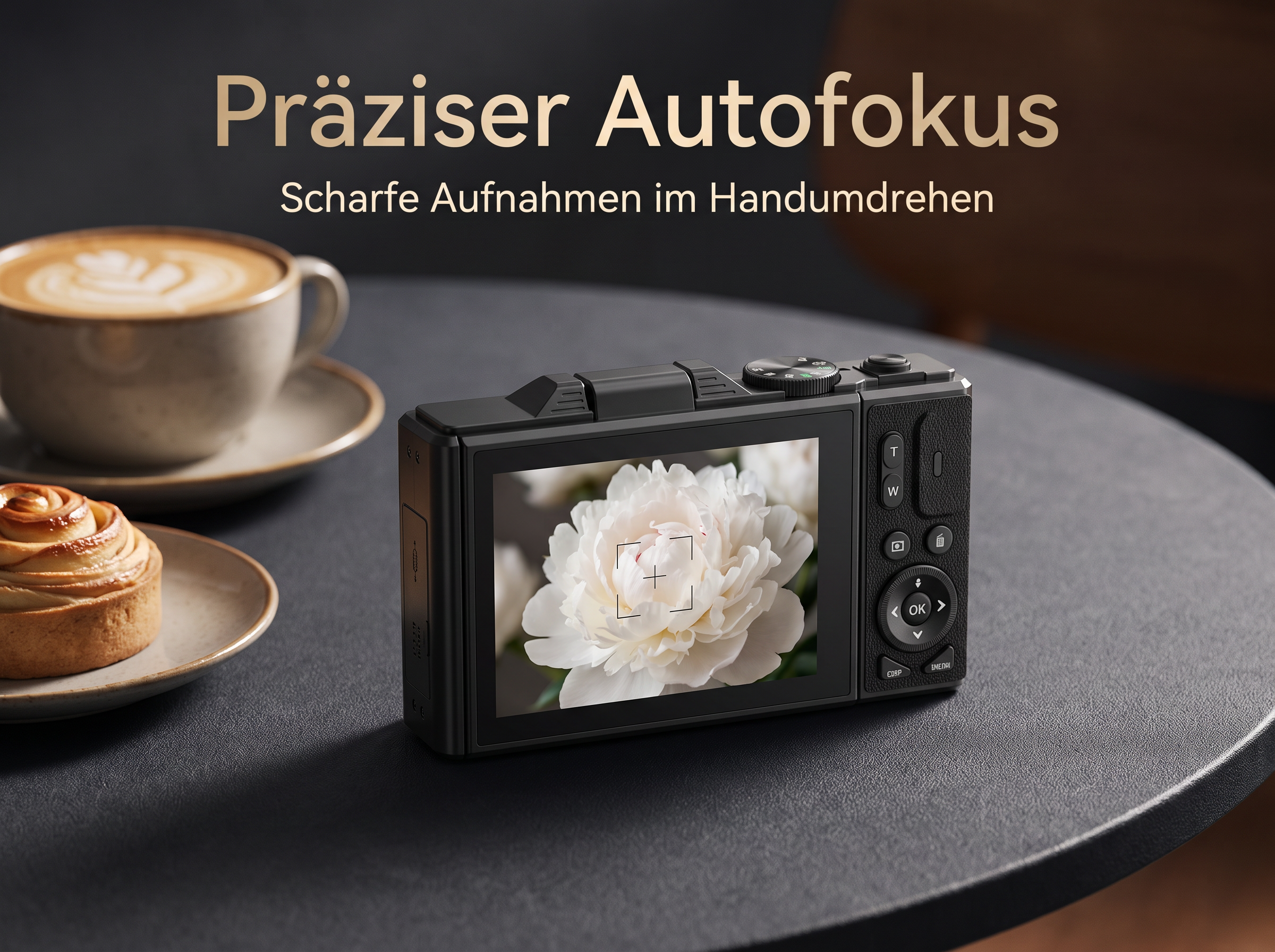 Kamera zeigt weiße Blume, daneben Kaffee und Gebäck auf Tisch.
