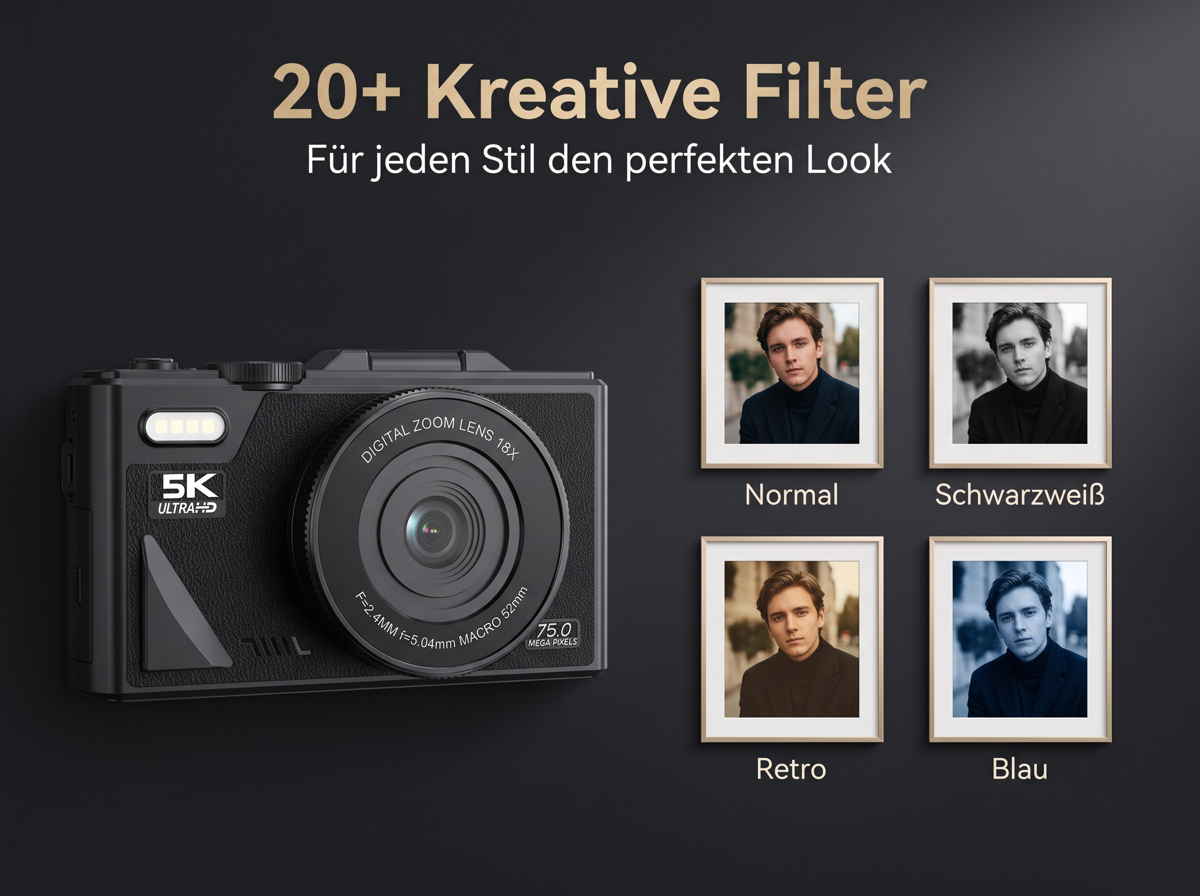 Eine schwarze Kamera mit vier gerahmten Porträts, die verschiedene Filter zeigen.