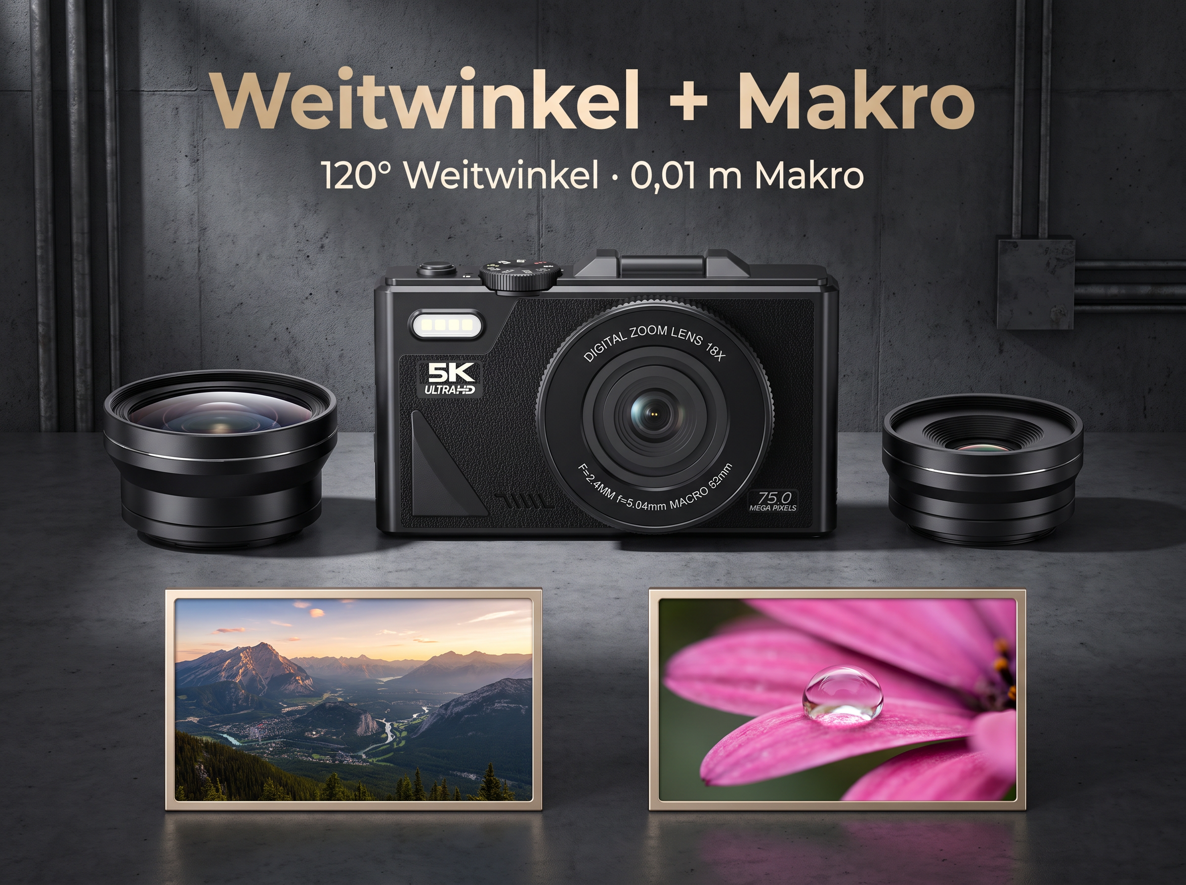 Eine Kamera mit Weitwinkel- und Makroobjektiven sowie zwei Beispielbildern.
