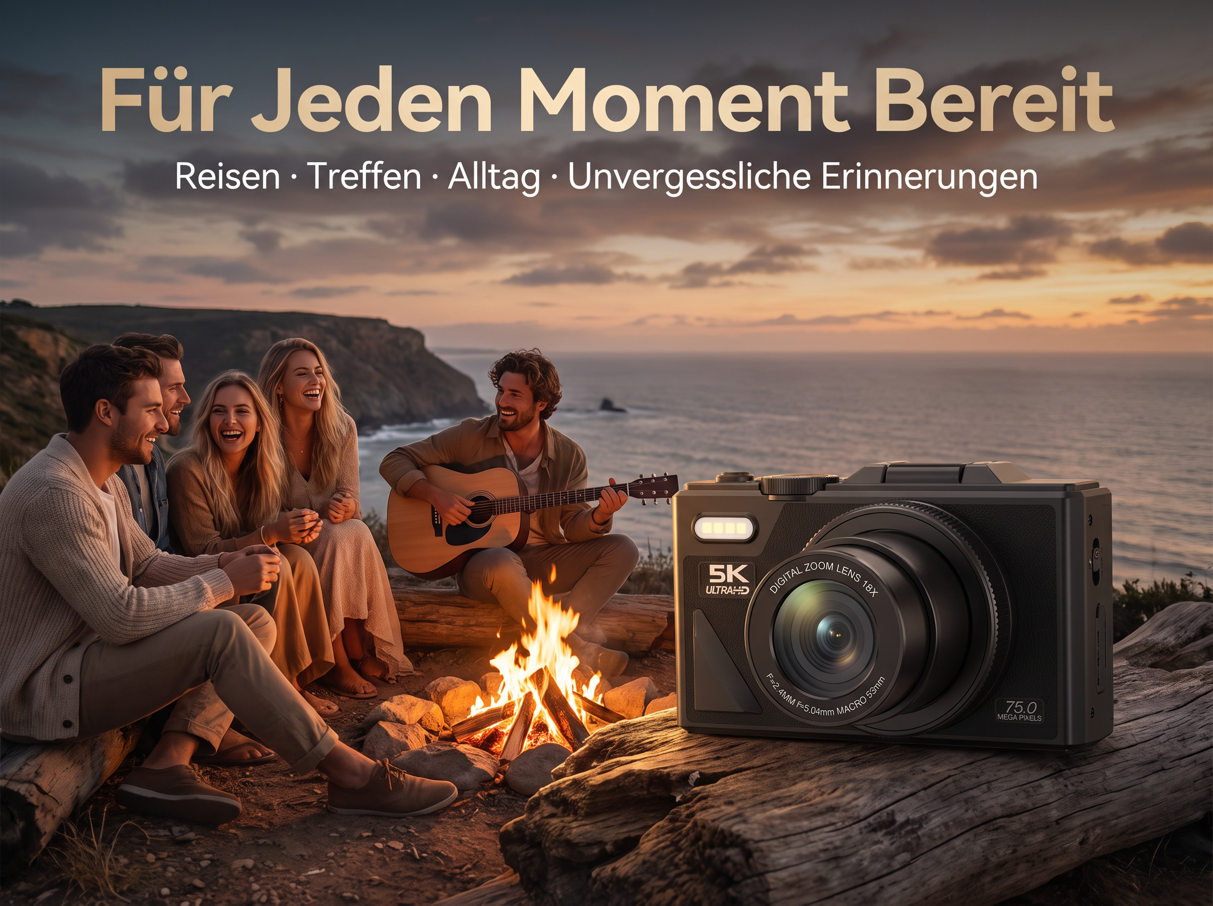 Freunde sitzen am Lagerfeuer, einer spielt Gitarre, am Meer bei Sonnenuntergang.