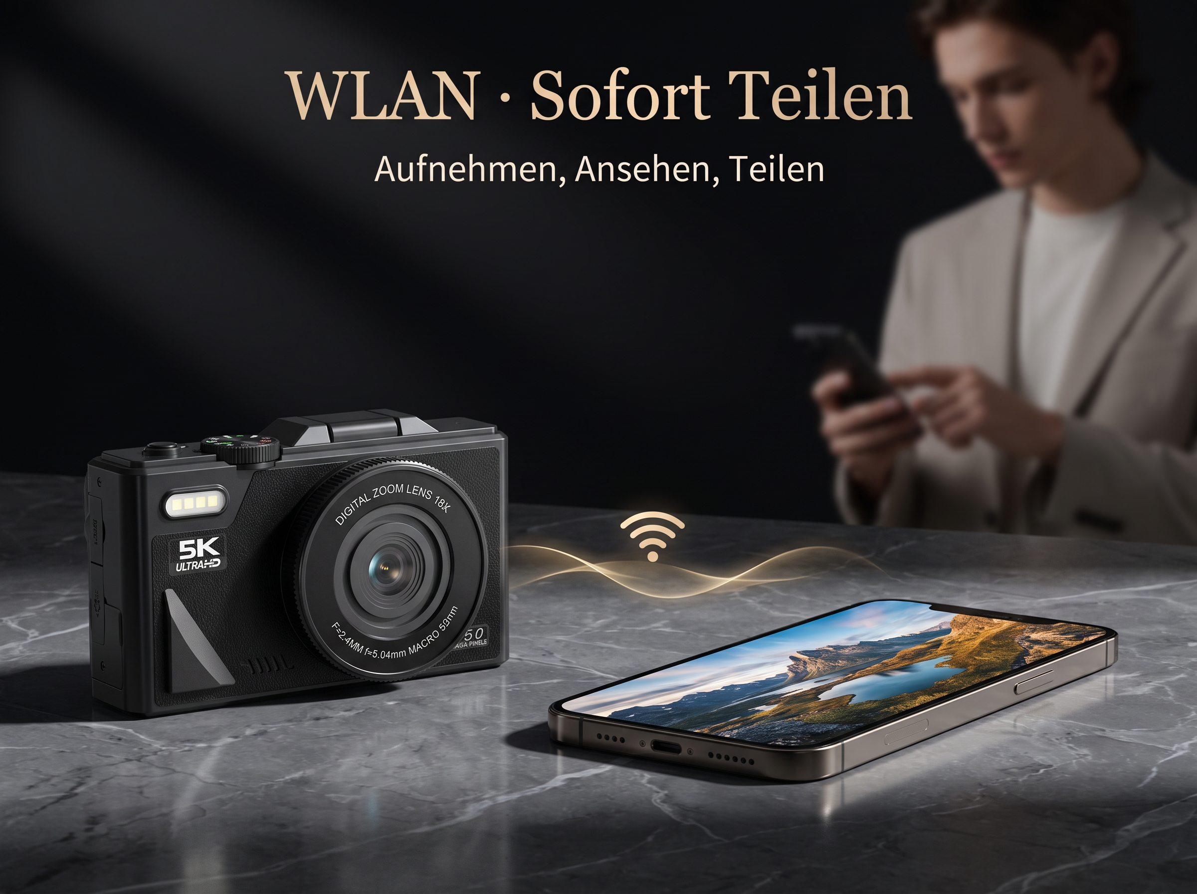Eine 5K-Kamera und ein Smartphone liegen nebeneinander. Ein Mann mit Handy im Hintergrund.