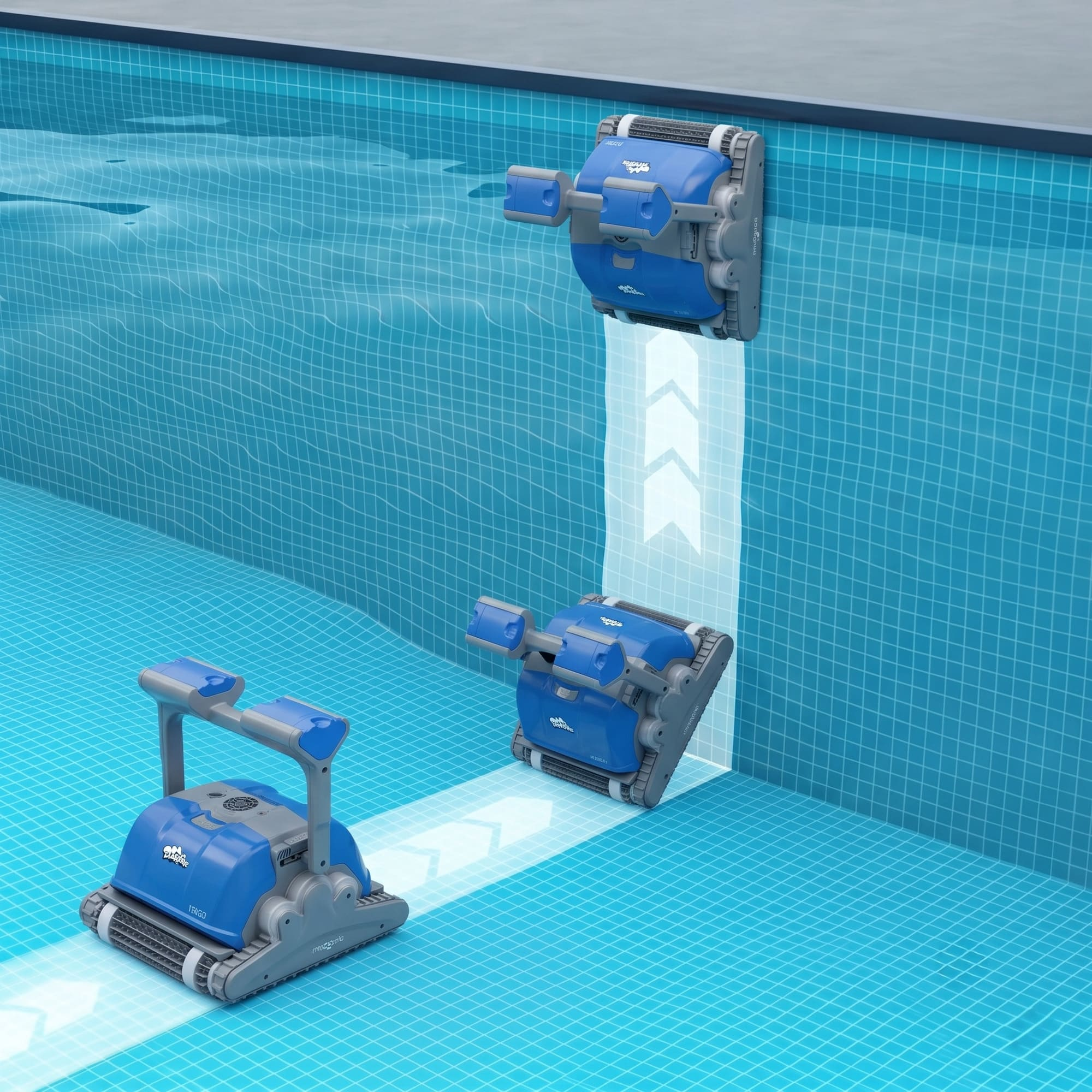 Dos limpiadores de piscina azules se mueven por las paredes y el suelo de una piscina.
